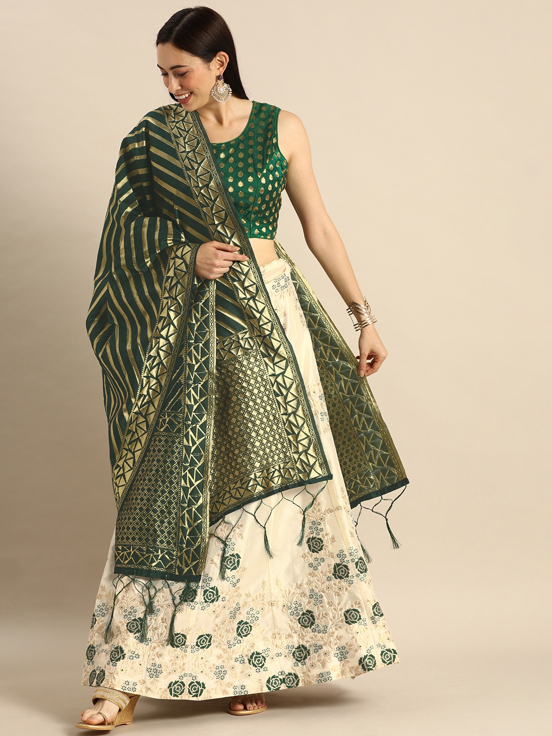 

Shaily Off-White & Green Woven Design Semi-Stitched Lehenga & Blouse with Dupatta