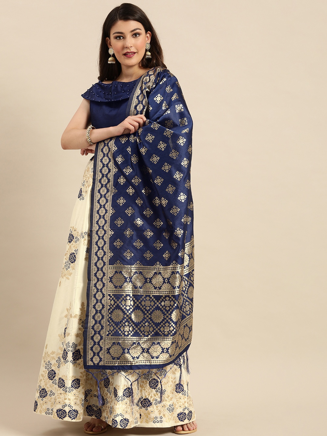 

Shaily Off-White & Navy Blue Zari Silk Blend Semi-Stitched Lehenga & Blouse with Dupatta