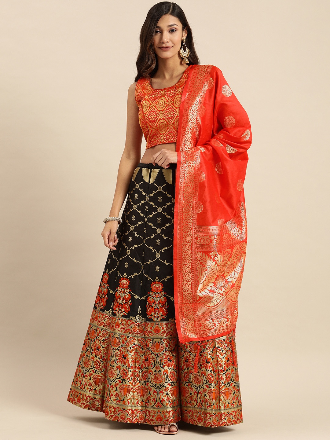 

Shaily Coral & Black Woven Design Semi-Stitched Lehenga & Blouse with Dupatta