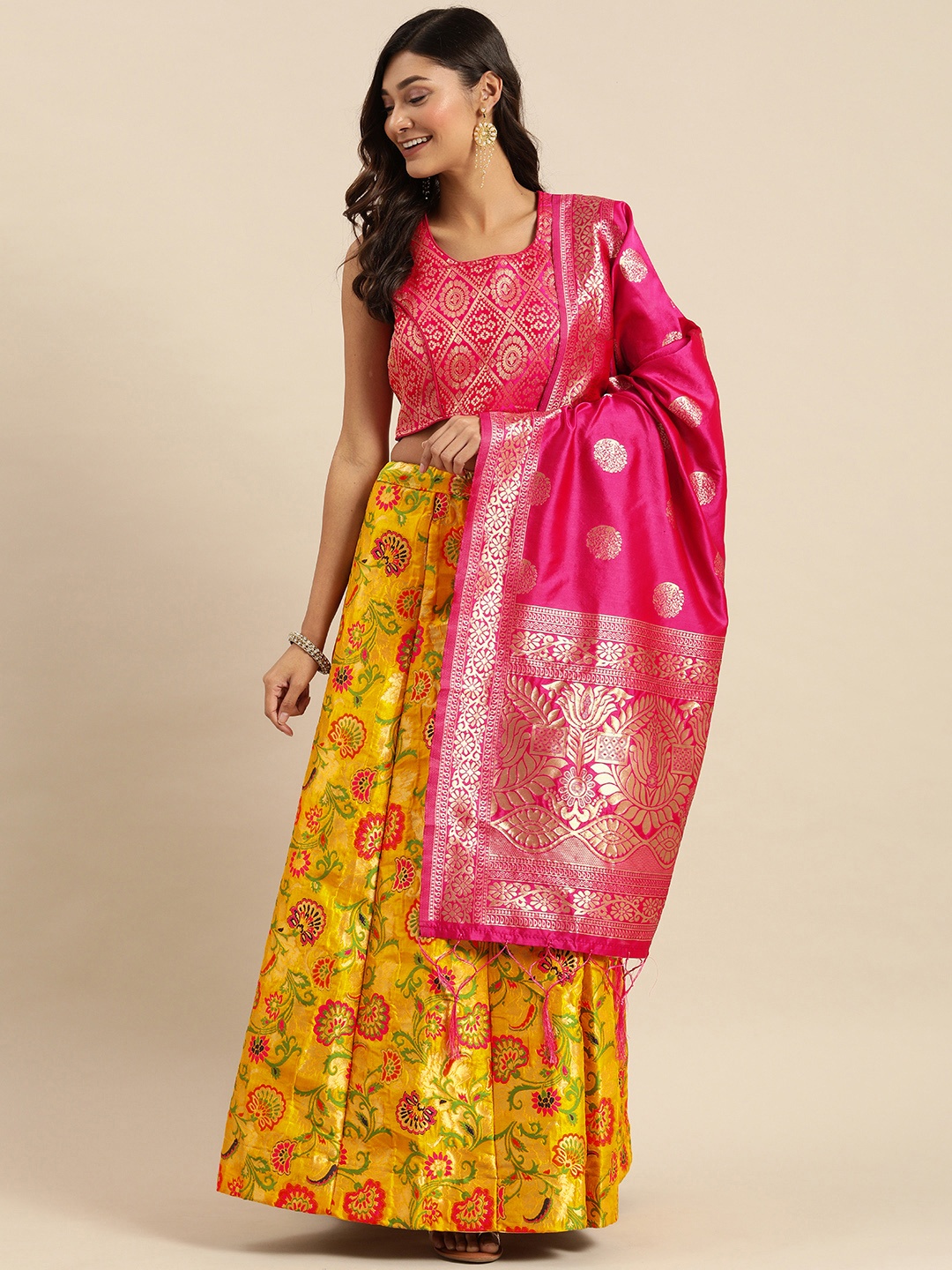 

Shaily Mustard Yellow & Pink Zari Silk Blend Semi-Stitched Lehenga & Blouse with Dupatta