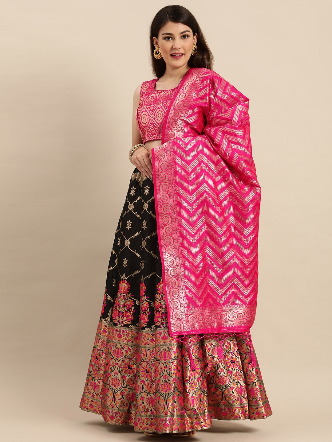 

Shaily Black & Pink Woven Design Semi-Stitched Lehenga & Unstitched Blouse with Dupatta