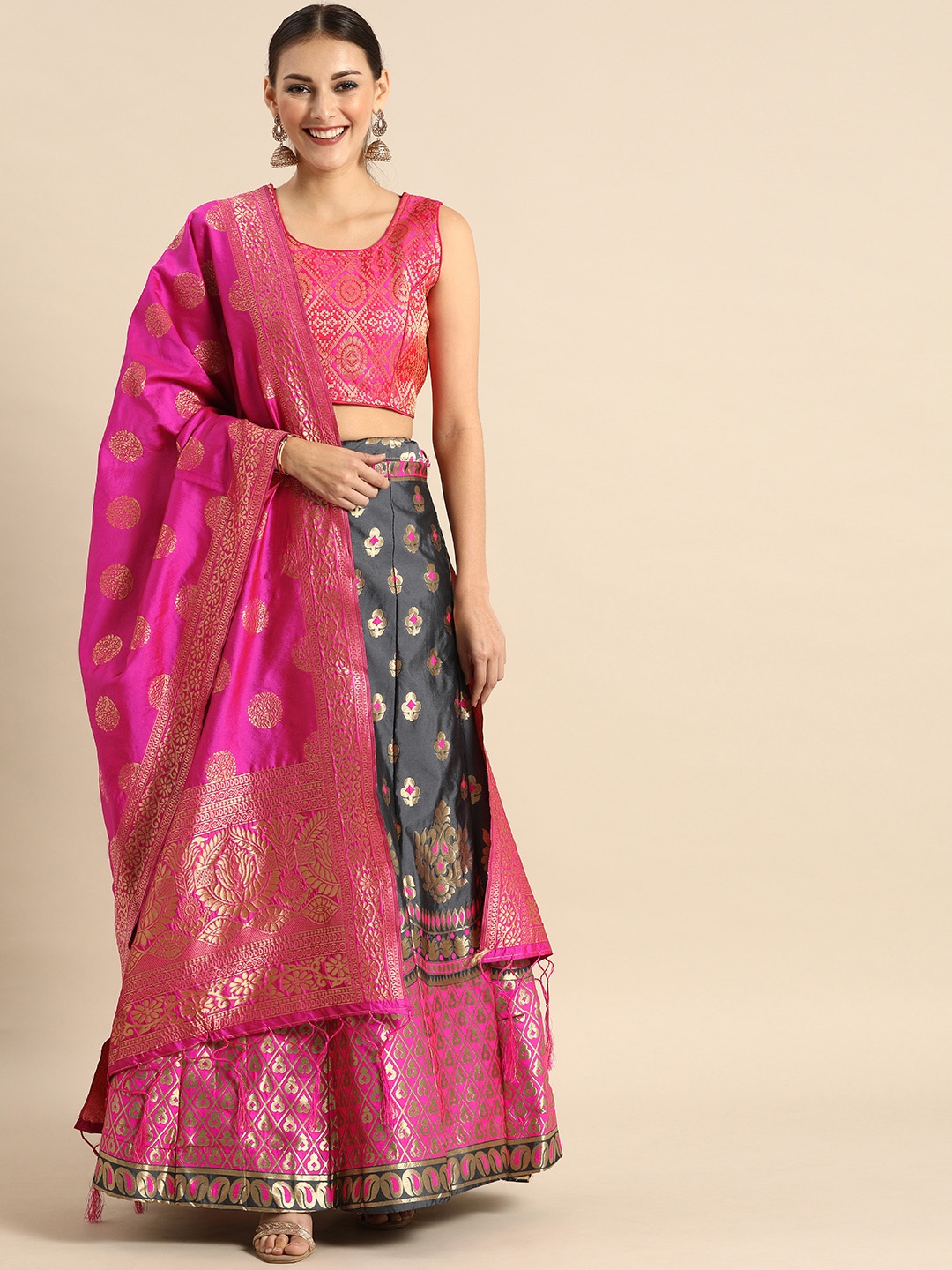 

Shaily Charcoal Grey & Pink Woven Design Semi-Stitched Lehenga & Blouse with Dupatta