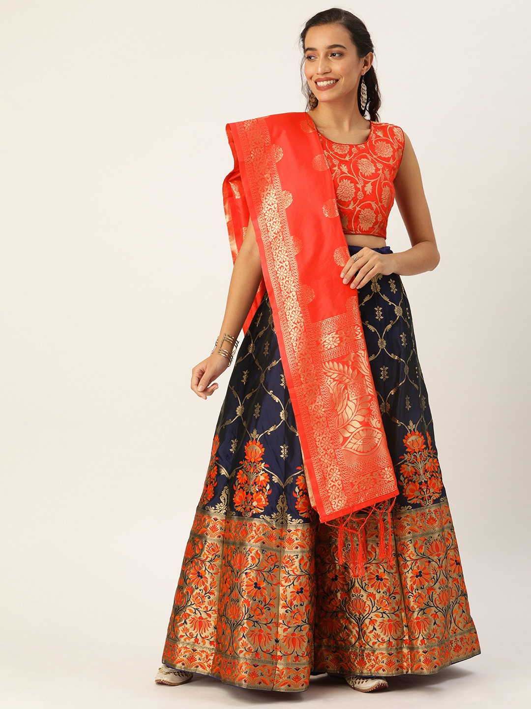

Shaily Navy Blue & Orange Woven Semi-Stitched Lehenga & Unstitched Blouse with Dupatta