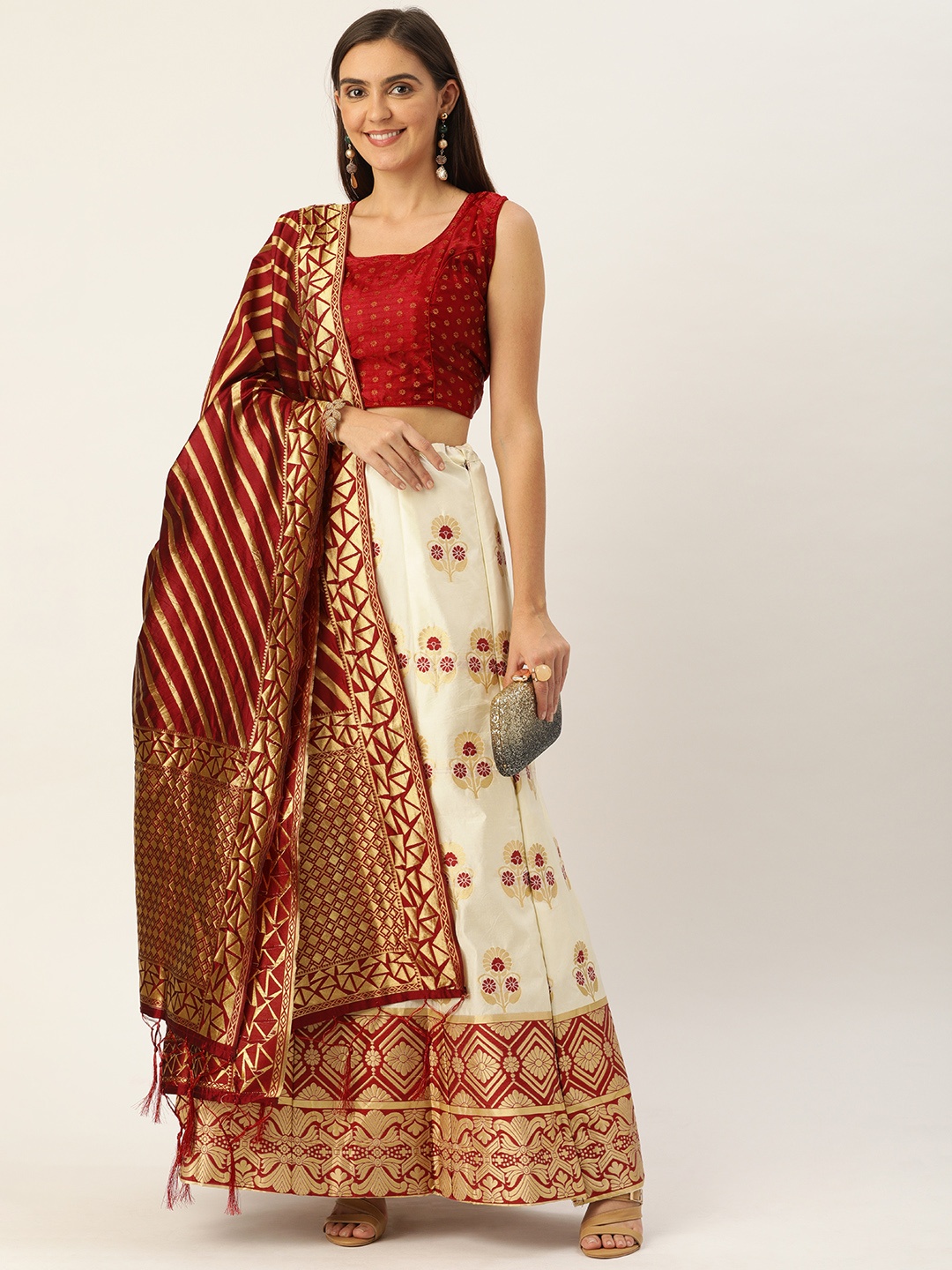 

Shaily Off-White & Maroon Woven Design Semi-Stitched Lehenga & Blouse with Dupatta