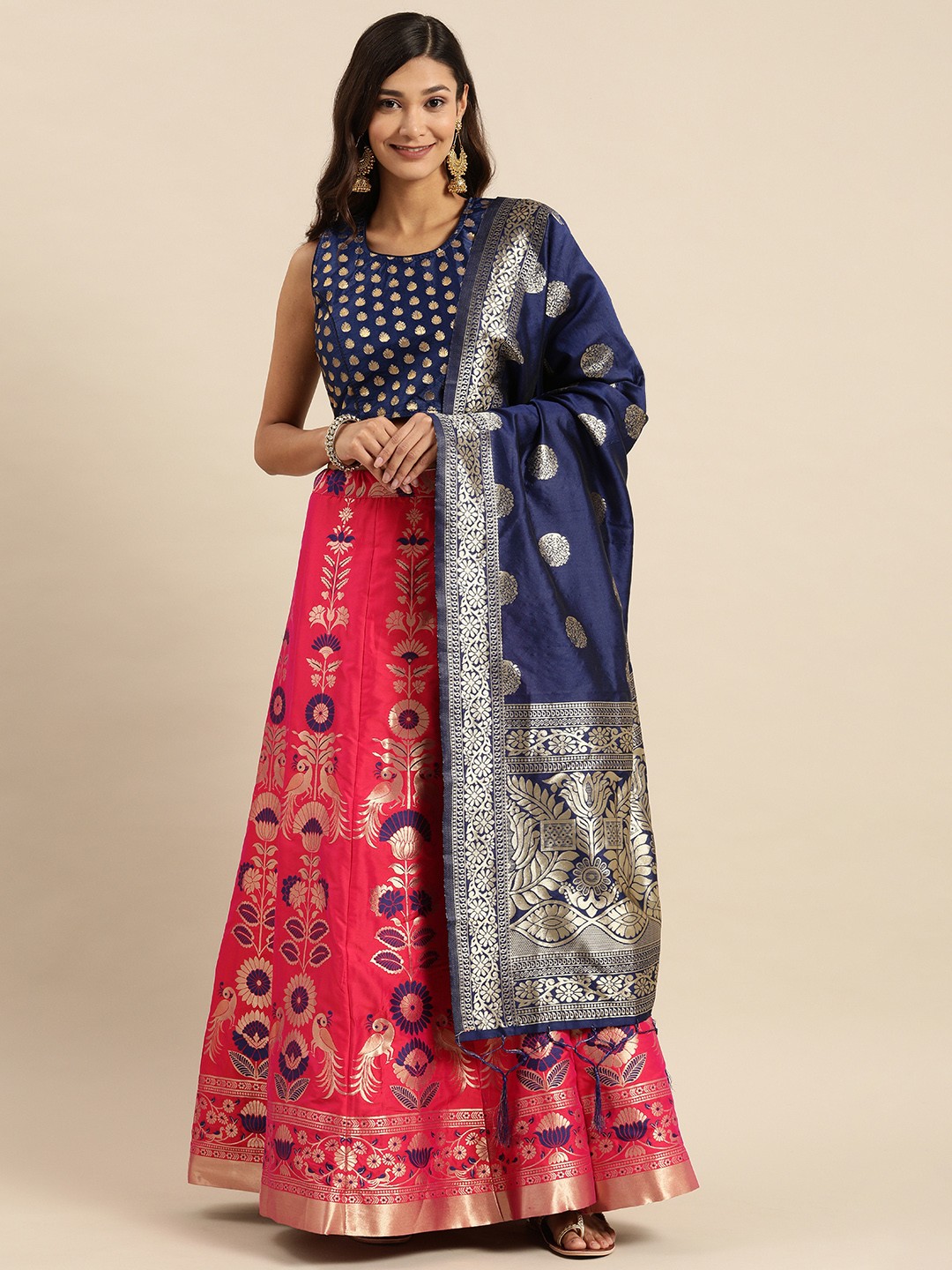 

Shaily Navy Blue & Pink Woven Design Semi-Stitched Lehenga & Blouse with Dupatta