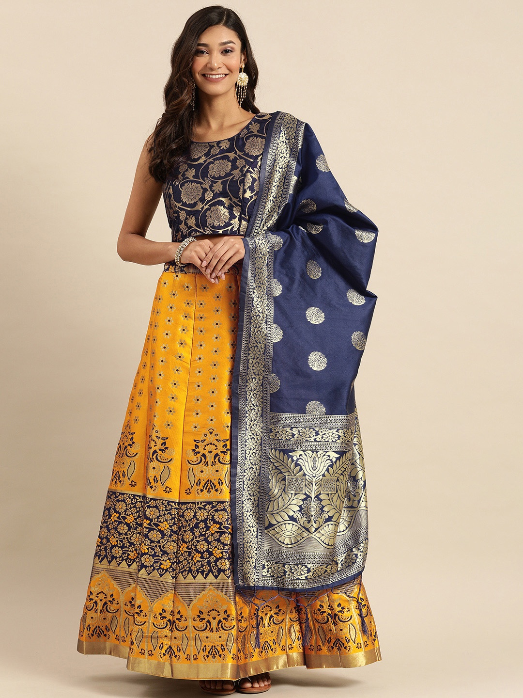 

Shaily Mustard Yellow & Navy Blue Zari Silk Blend Semi-Stitched Lehenga, Blouse & Dupatta