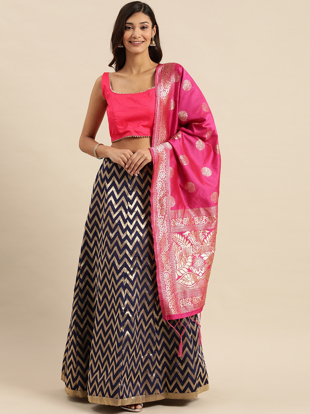 

Shaily Navy Blue & Pink Solid Semi-Stitched Lehenga & Unstitched Blouse with Dupatta