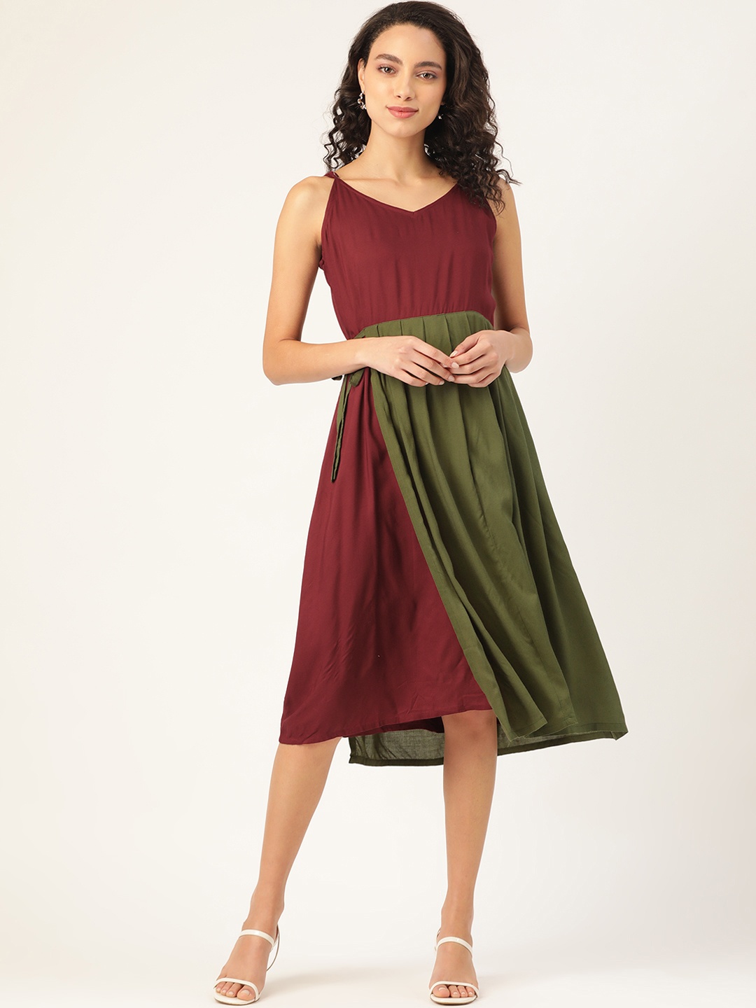 

The Dry State Women Maroon & Olive Green Layered Colourblocked A-Line Dress