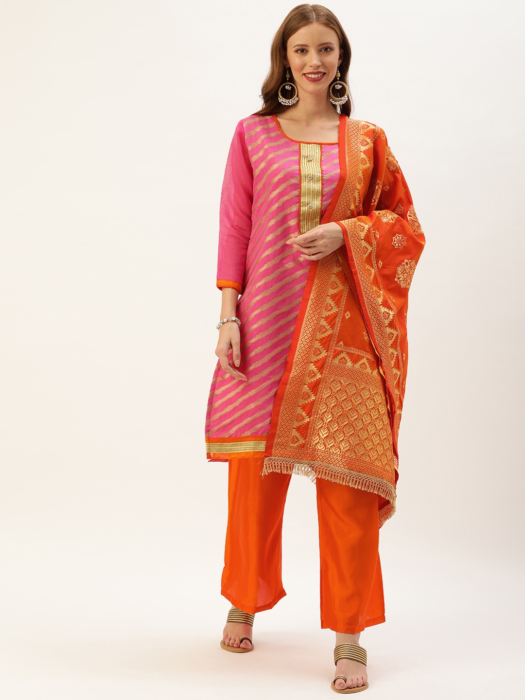 

Rajnandini Pink & Orange Silk Blend Unstitched Dress Material