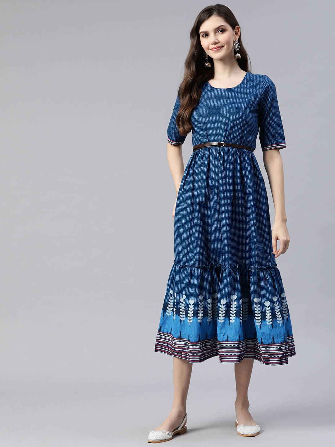 

Rangriti Women Ethnic Motifs Print A-line Tiered Midi Dress With Belt, Navy blue