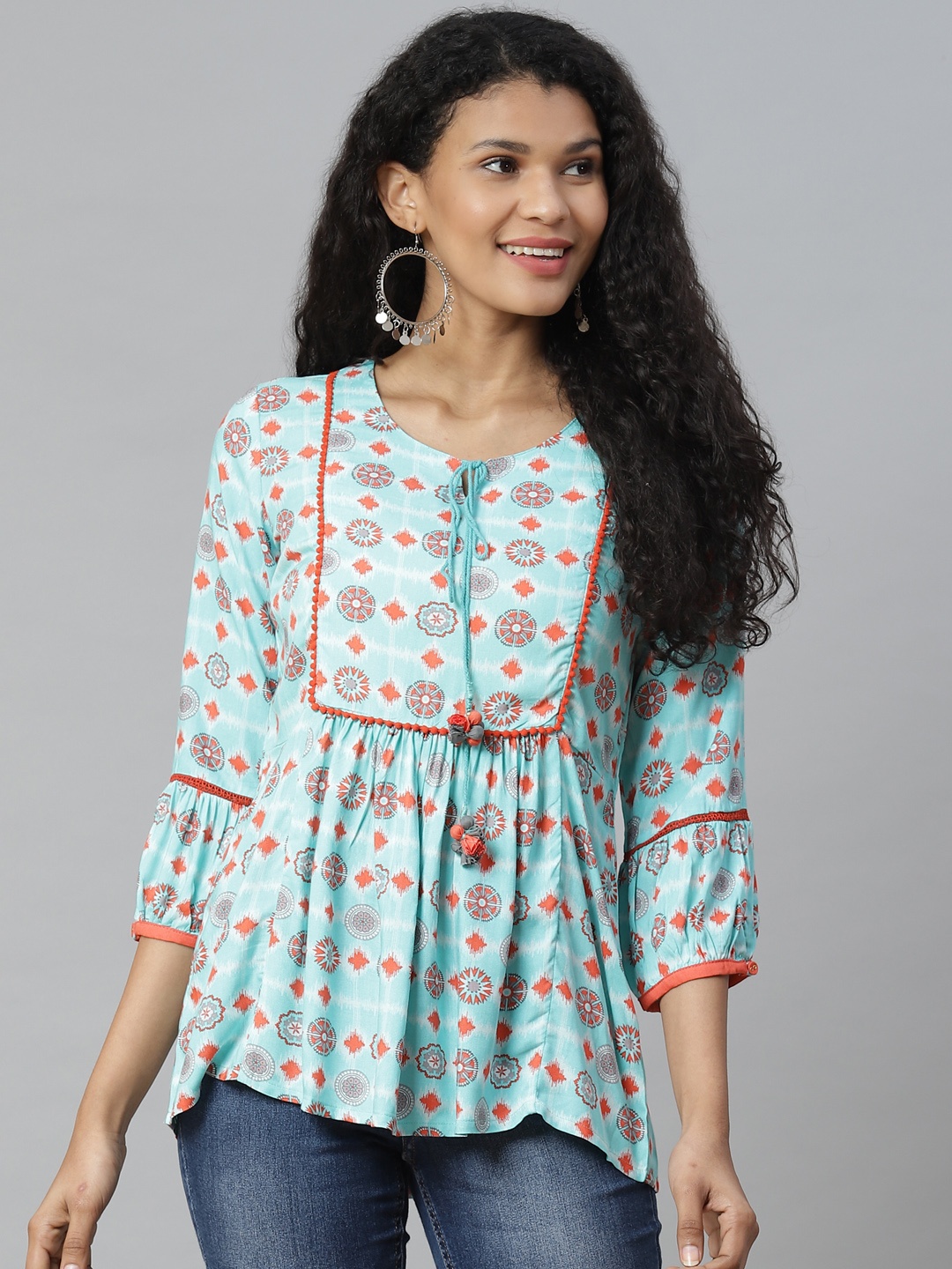 

Rangriti Women Blue & Orange Printed A-Line Top