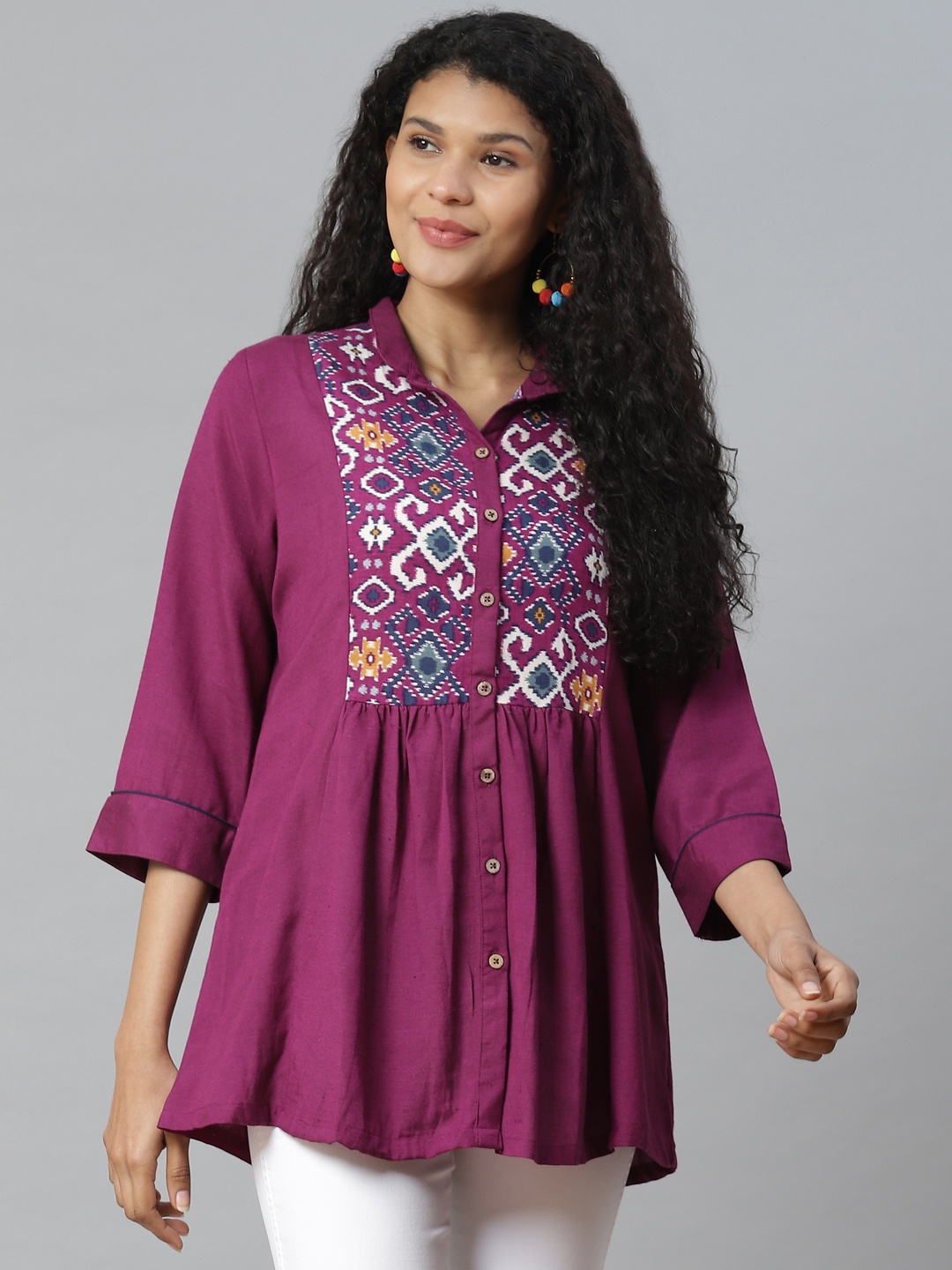 

Rangriti Women Purple Printed Shirt Style Top