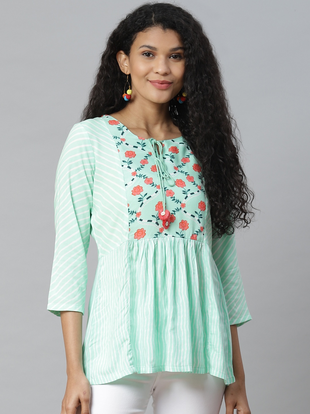 

Rangriti Women Sea Green & White Liva Striped Longline A-Line Top
