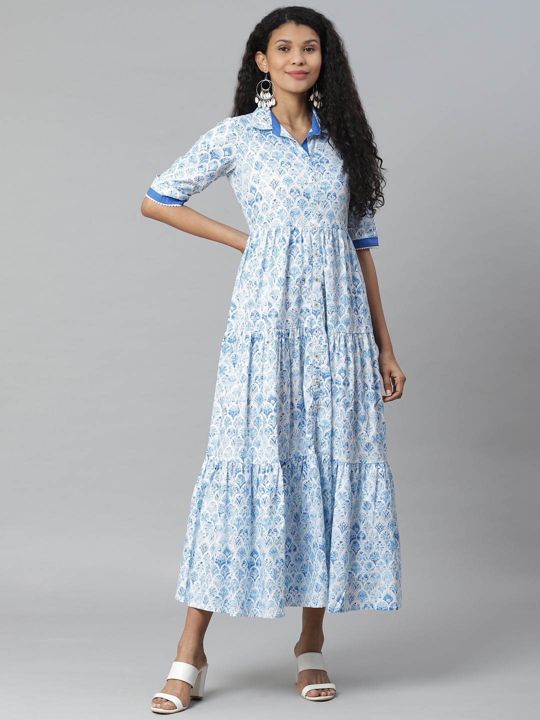 

Rangriti Women White & Blue Pure Cotton Printed Tiered Shirt Dress