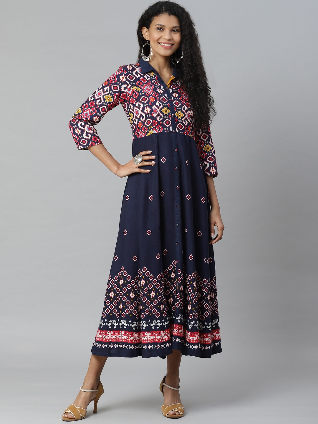 

Rangriti Women Navy Blue & Red Liva Printed Shirt Dress