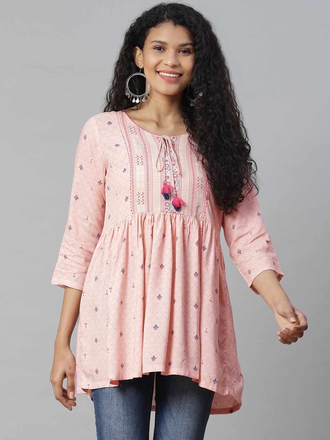 

Rangriti Women Pink & Blue Liva Printed Longline A-Line Top