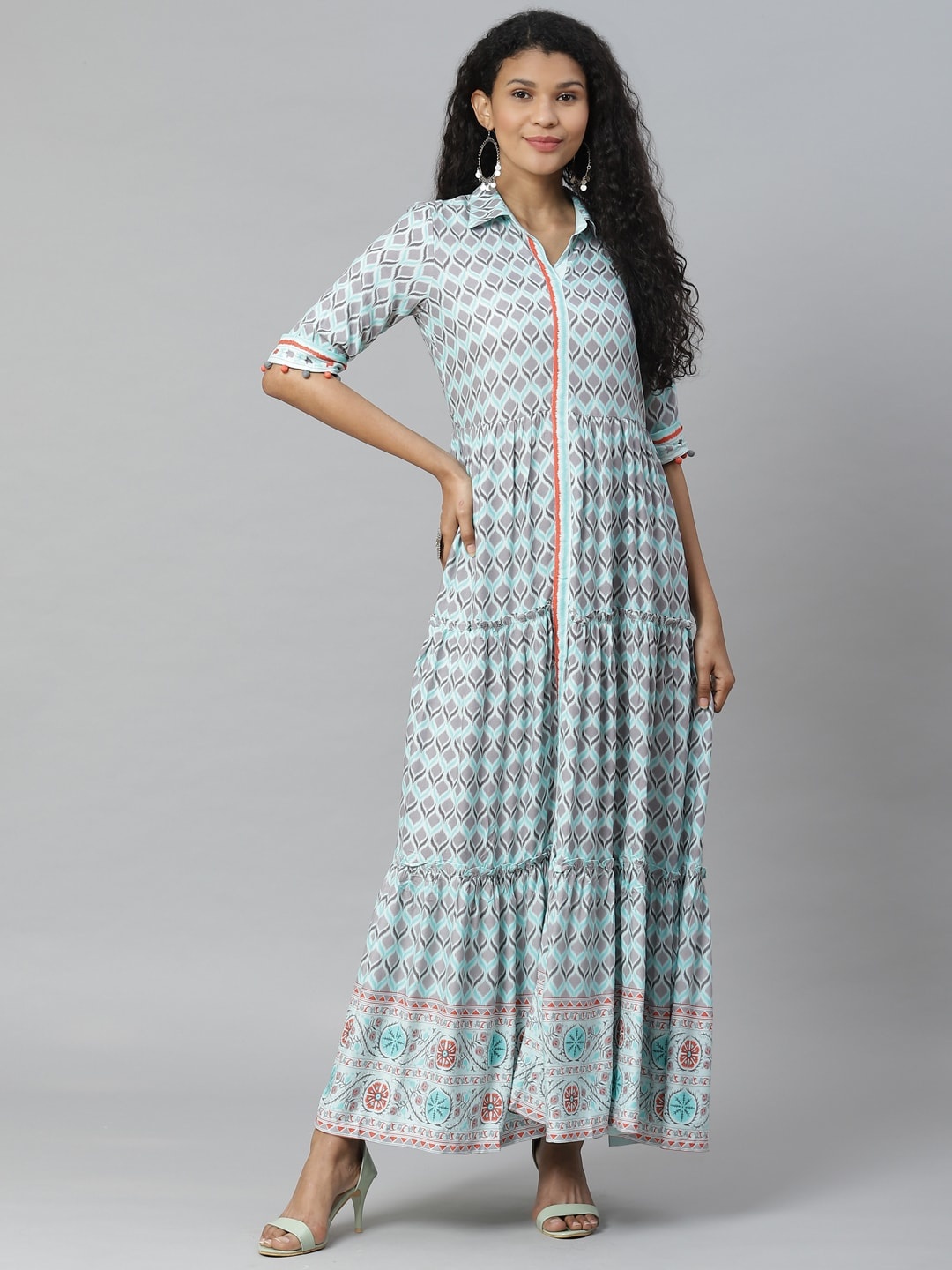 

Rangriti Women Blue & Grey Tiered Ikkat Print Shirt Maxi Dress