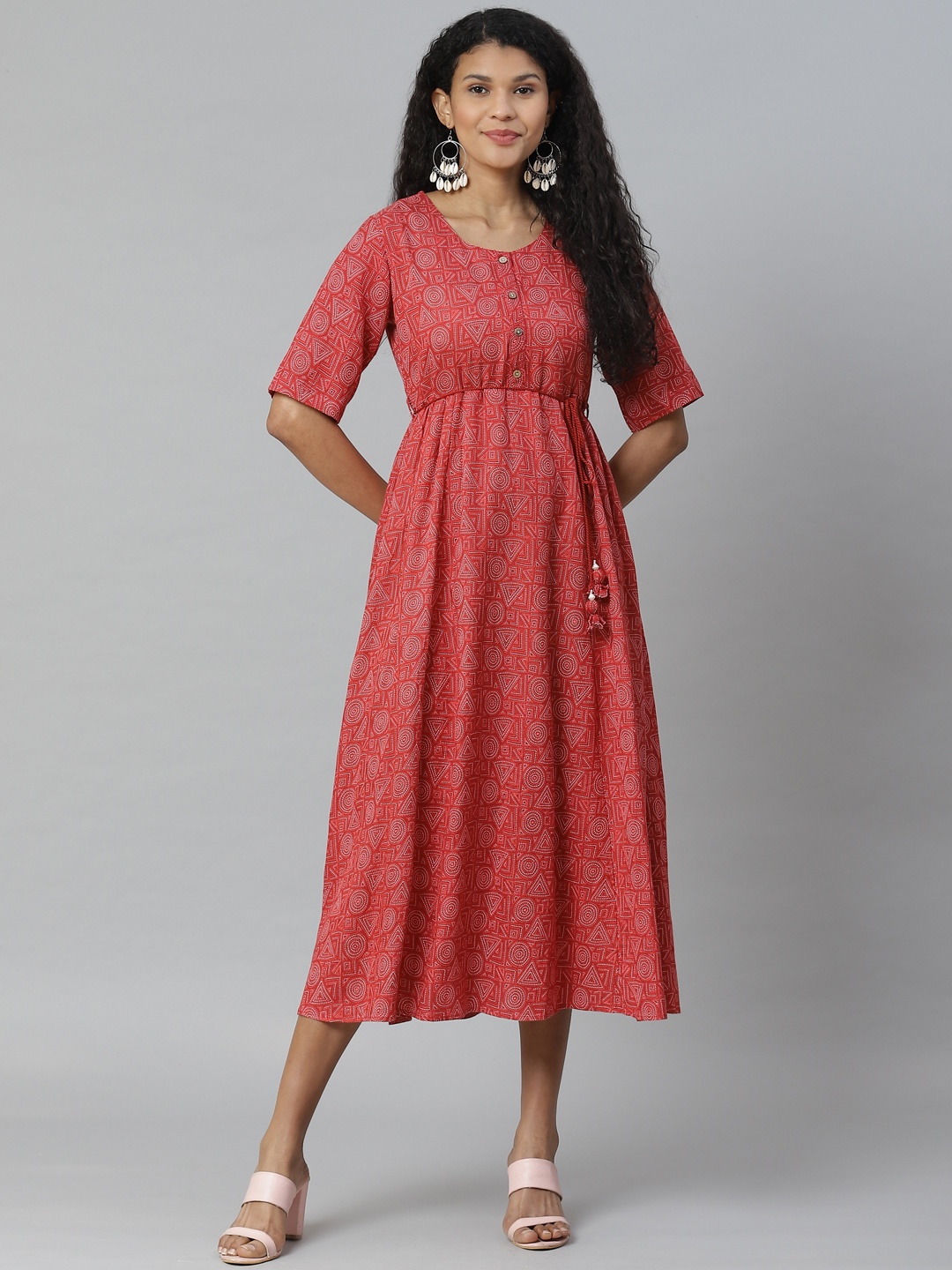 

Rangriti Women Red Printed A-Line with Belt