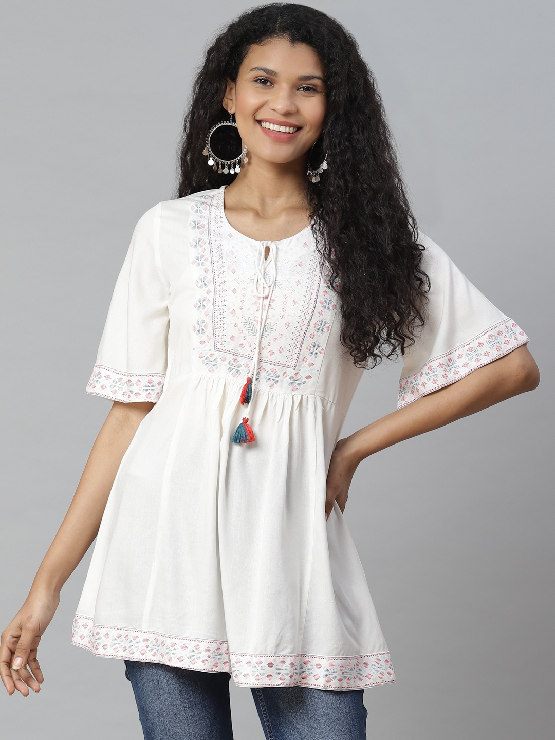 

Rangriti Women White & Blue Liva Printed Longline A-Line Top