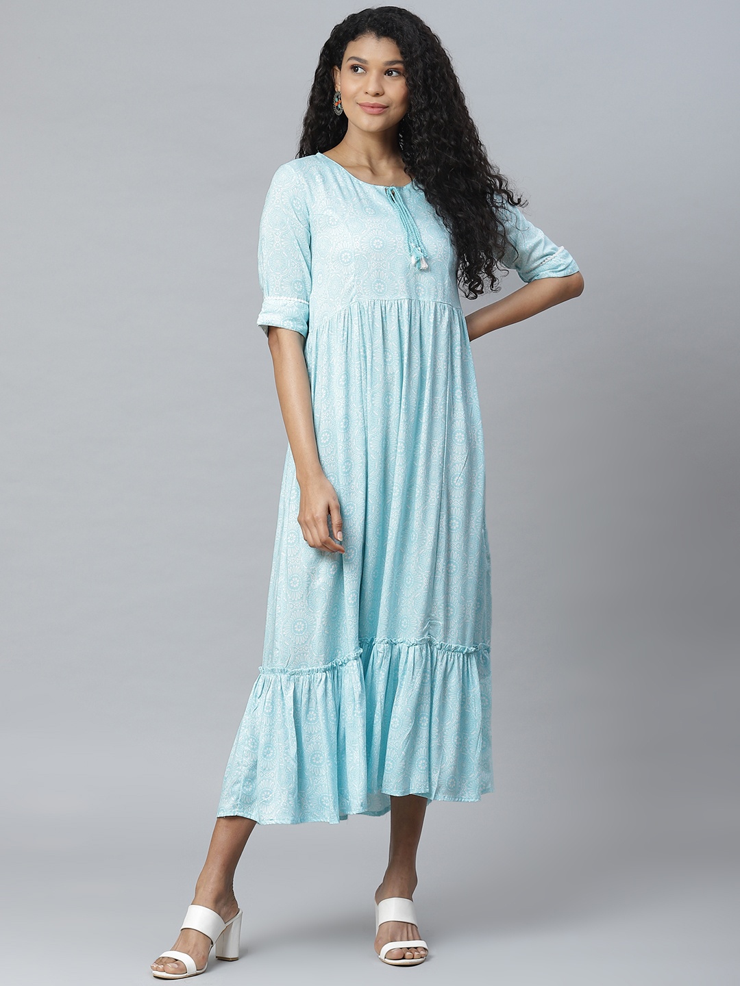 

Rangriti Women Blue & White Printed Fit and Flare Dress