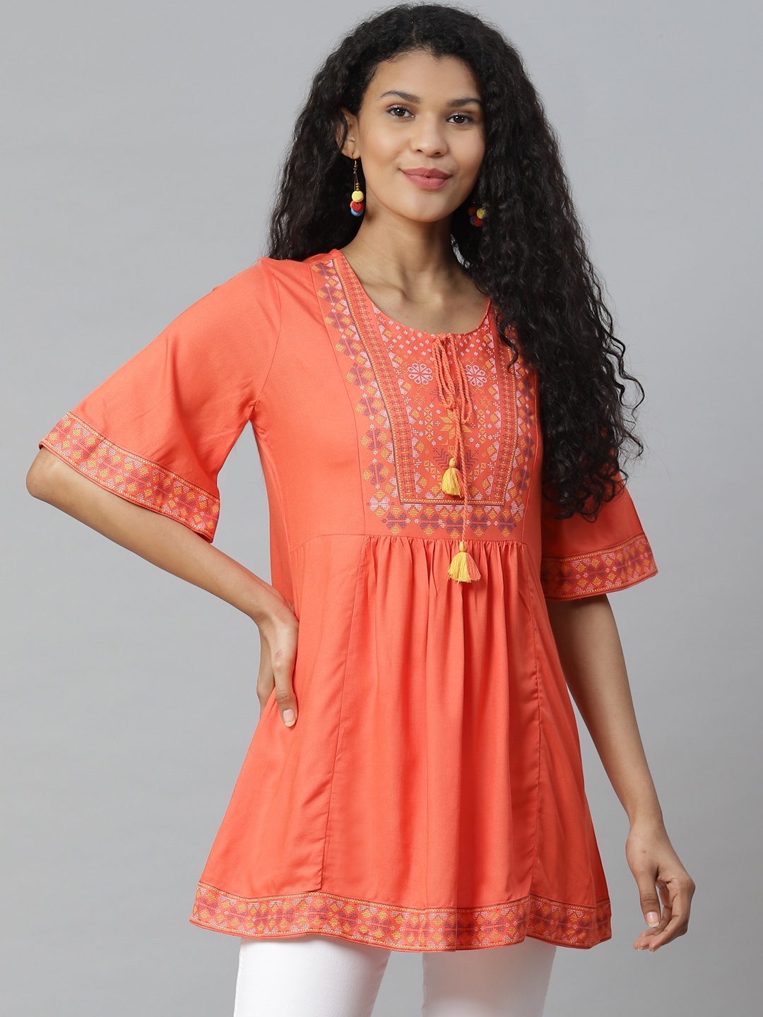 

Rangriti Women Coral Orange & White Printed Longline A-Line Top