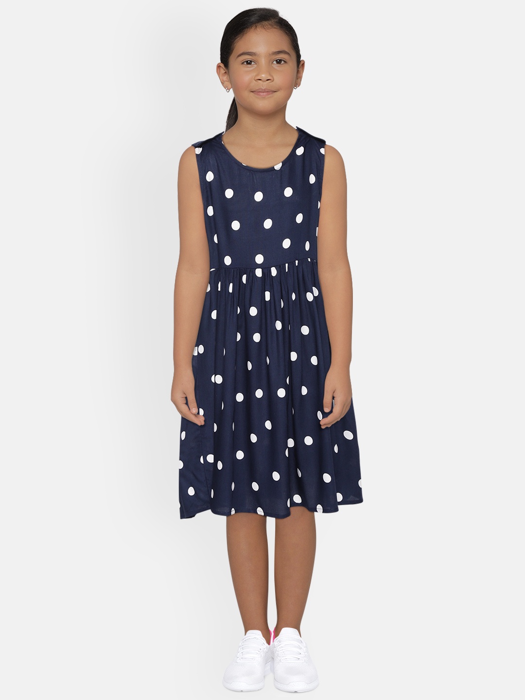 

YK Girls Navy Blue & White Polka Dot Print A-Line Dress