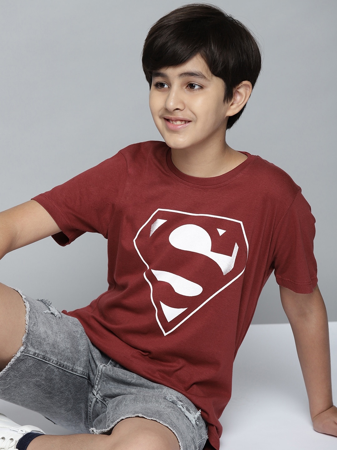 

YK Justice League Boys Maroon Superman Print Round Neck T-shirt