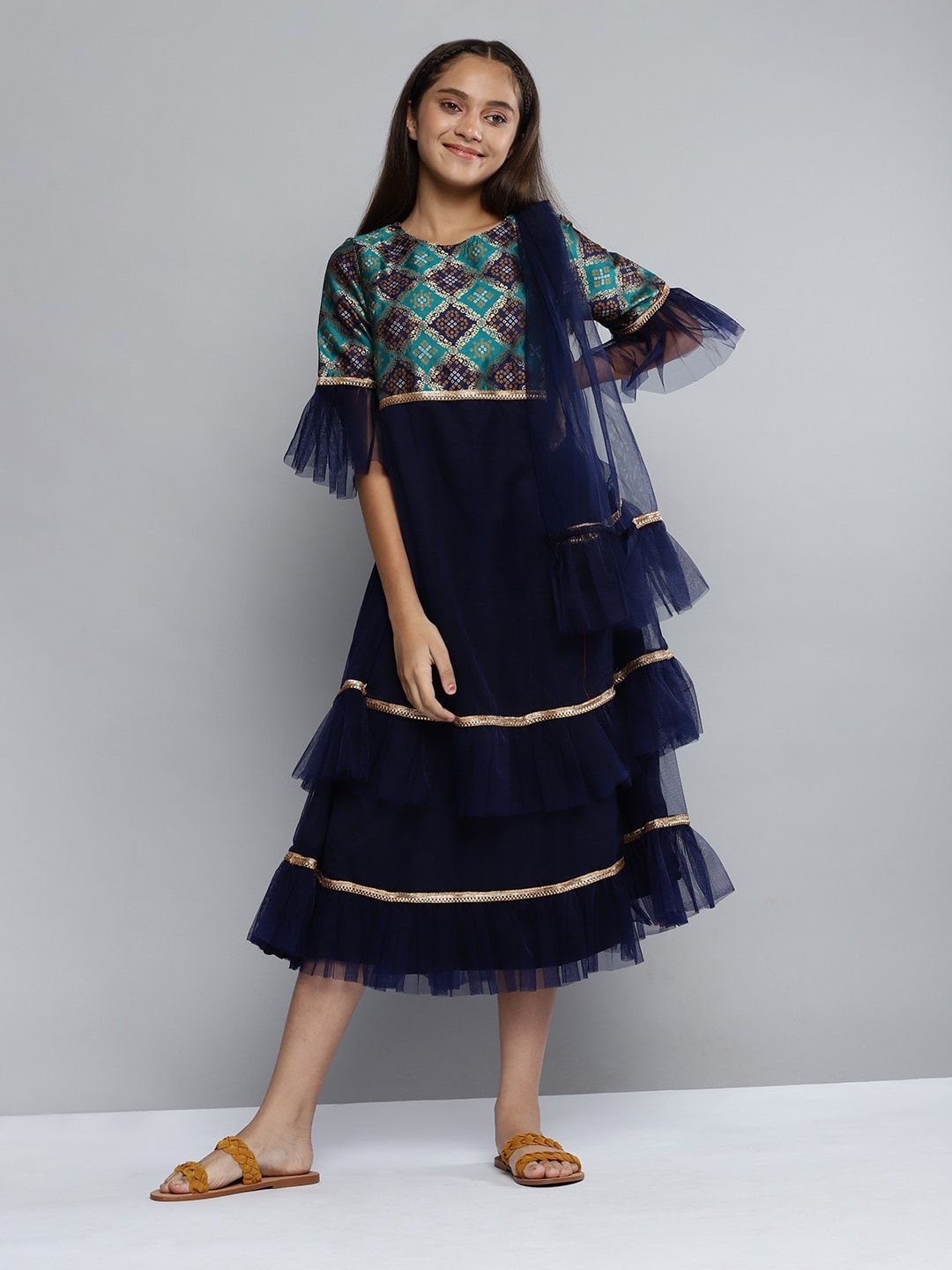 

YK Girls Navy Blue & Green Woven Design Maxi Dress with Dupatta