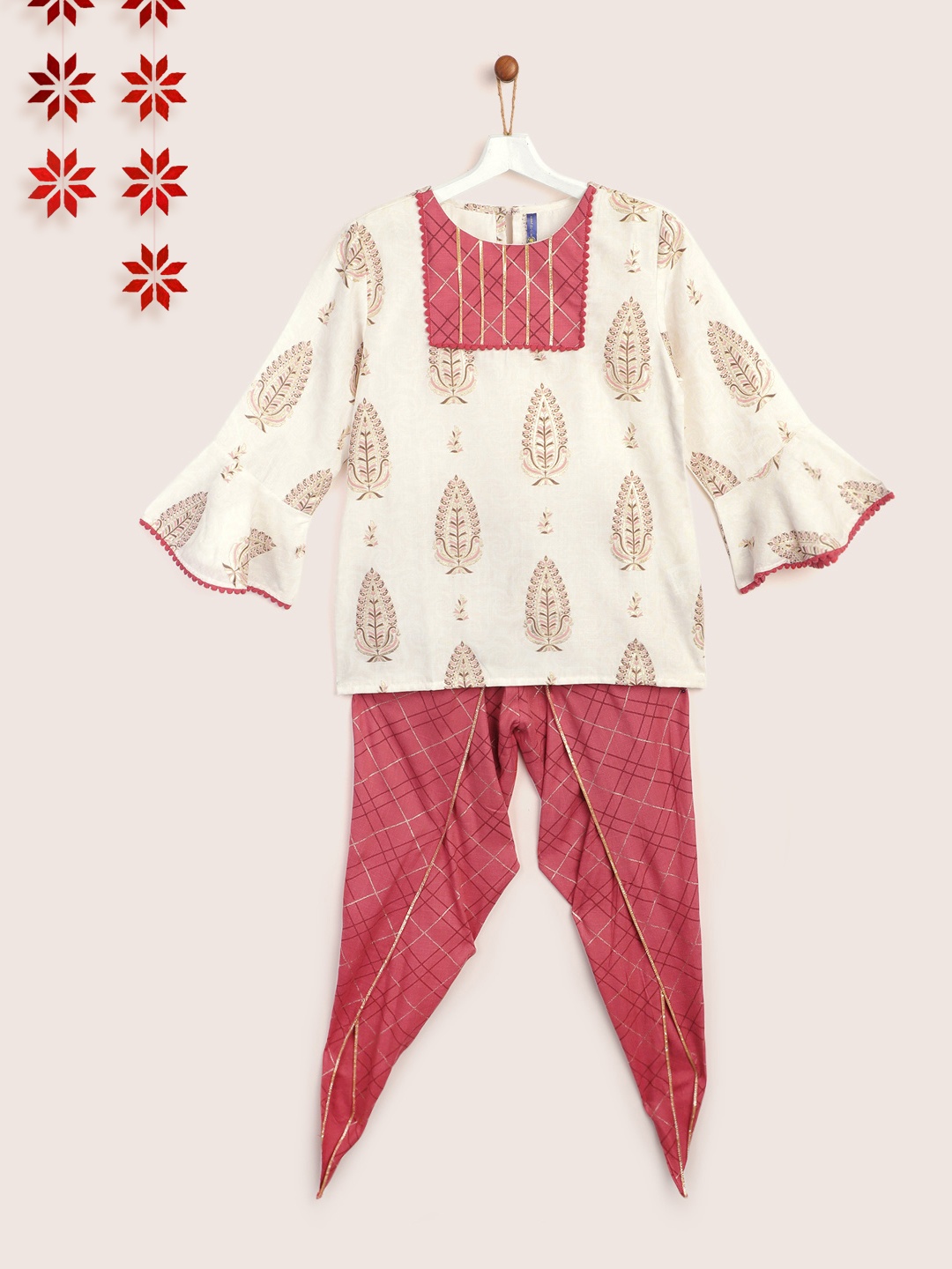 

YK Girls White & Pink Ethnic Motifs Print Pure Cotton Kurti with Dhoti Pants