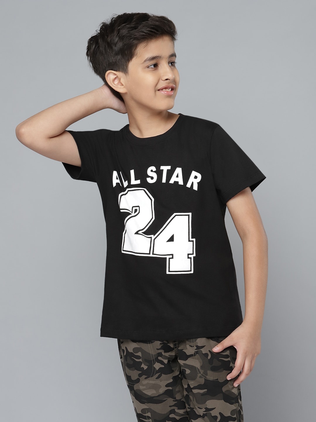 

YK Boys Black White Varsity Print Round Neck Pure Cotton T-shirt