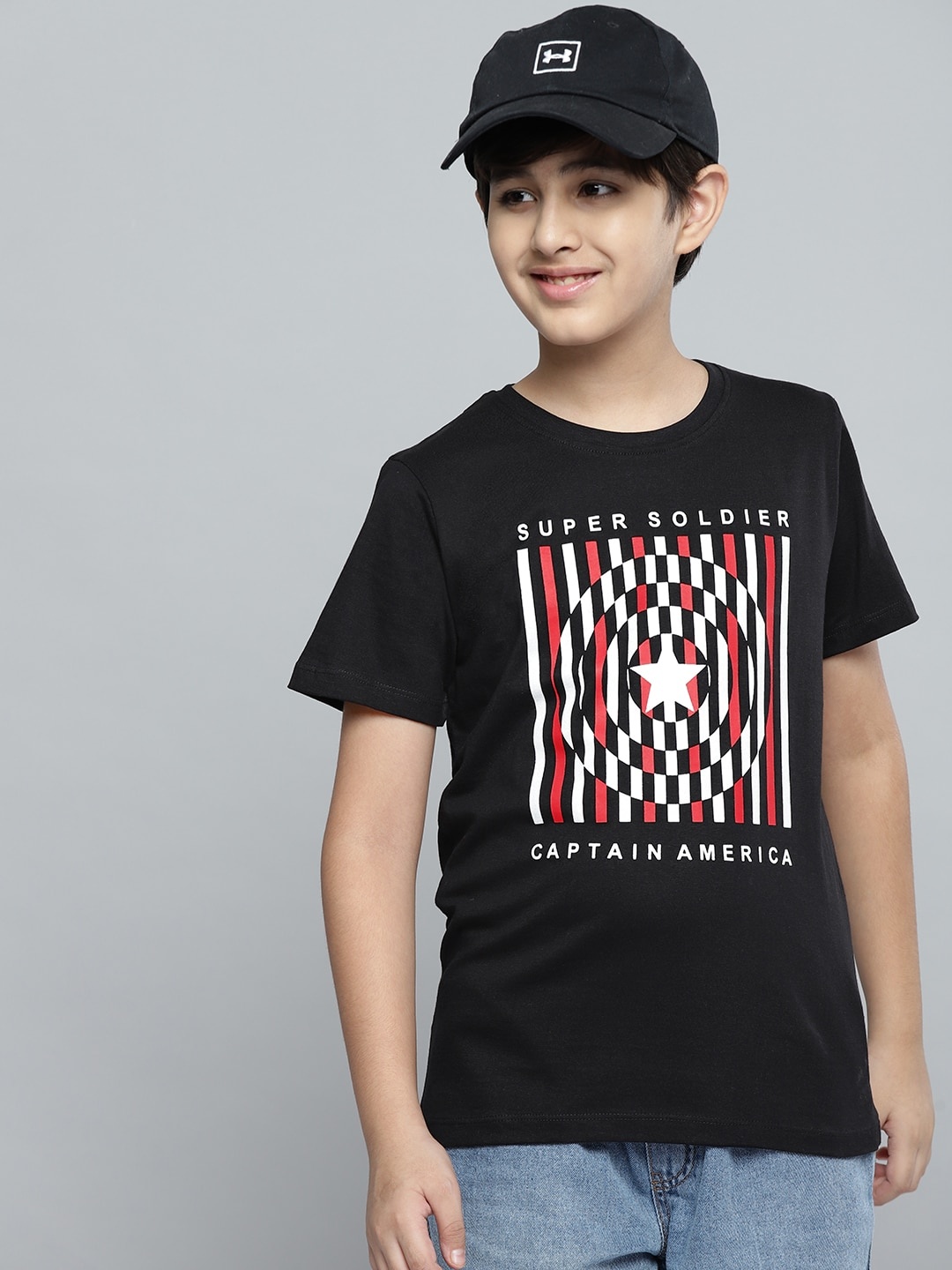 

YK Marvel Boys Navy Blue & White Captain America Print Round Neck Cotton T-shirt