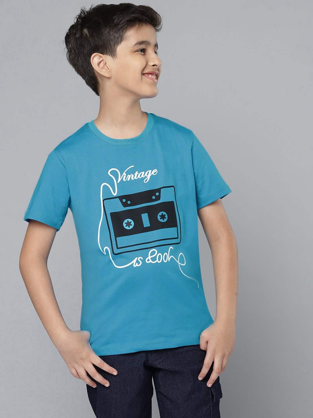 

YK Boys Blue Black Pure Cotton Printed Round Neck Pure Cotton T-shirt