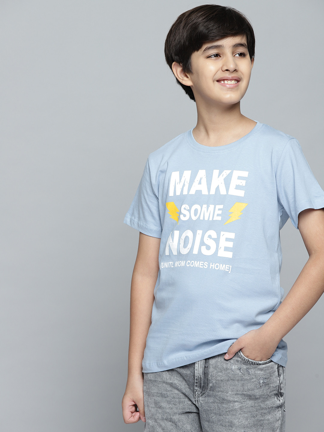 

YK Boys Blue White Typography Thunder Print Round Neck Pure Cotton T-shirt