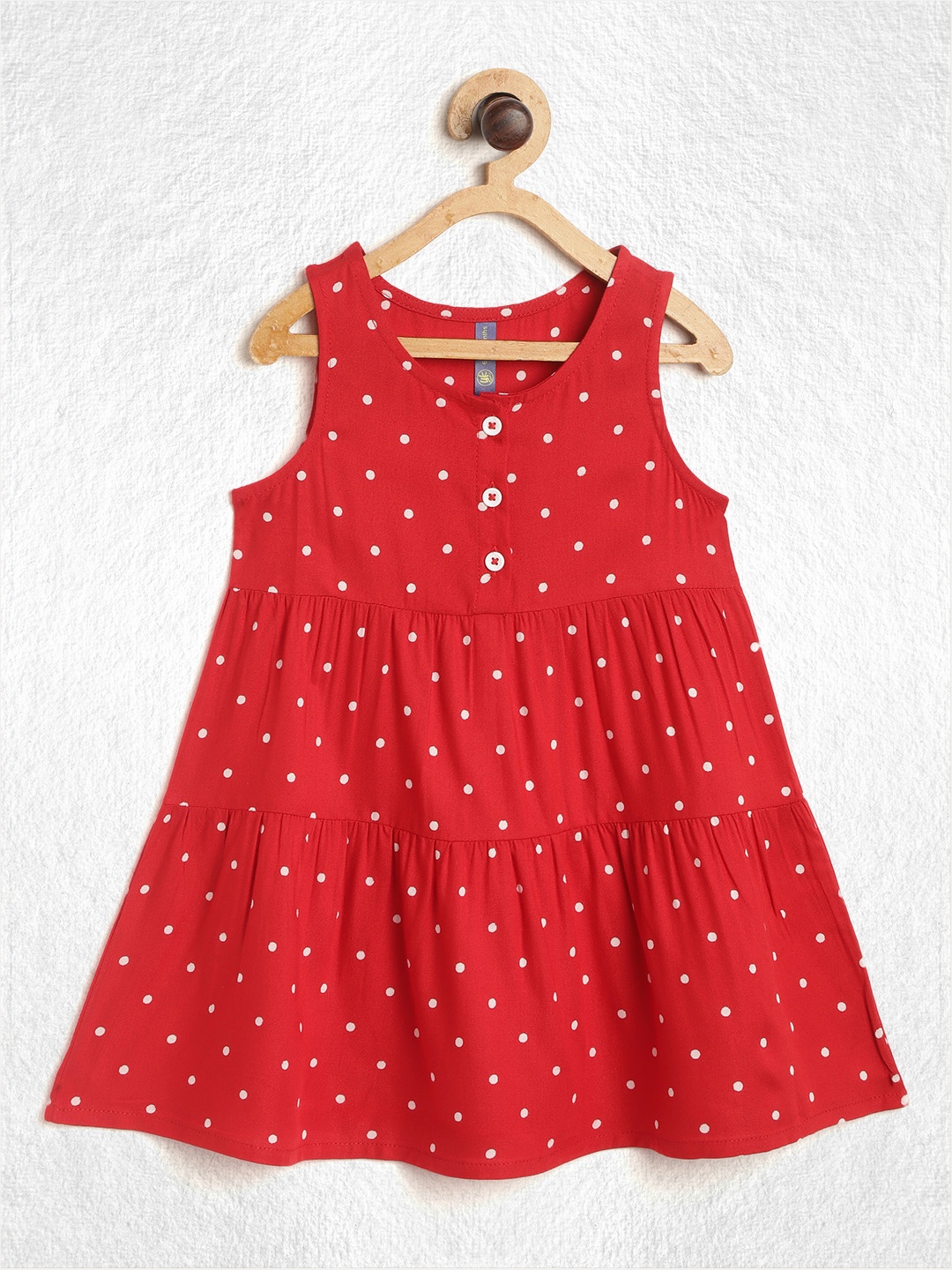 

YK Infant Girls Red & White Polka Dot Print Tiered Pure Cotton A-Line Dress