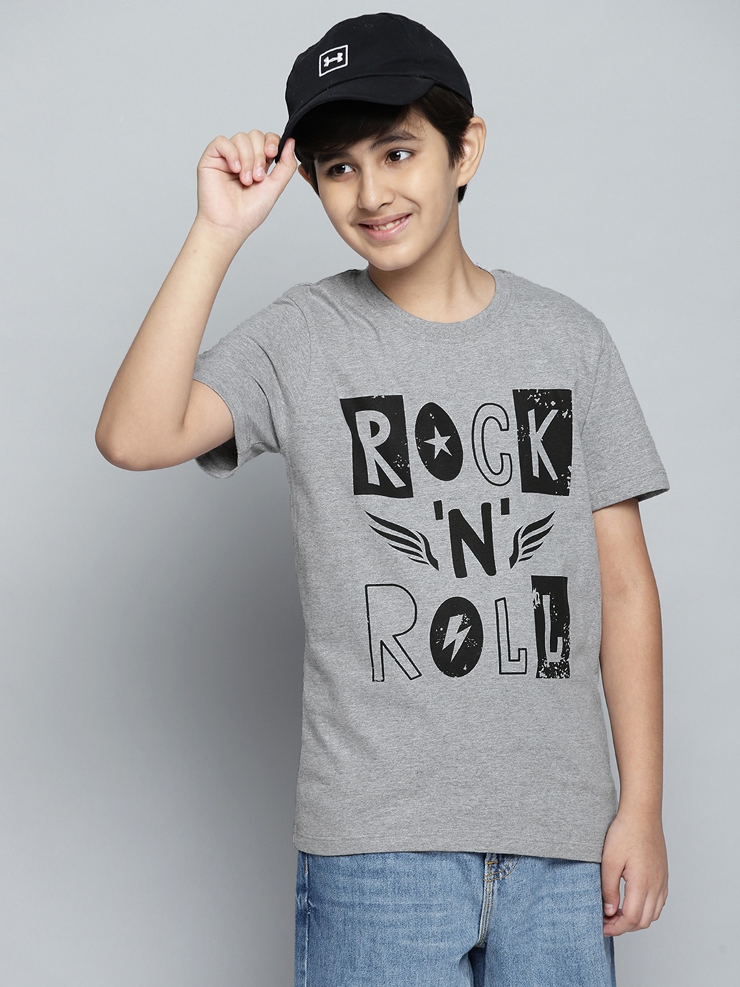 

YK Boys Grey Melange & Black Cotton Printed T-shirt