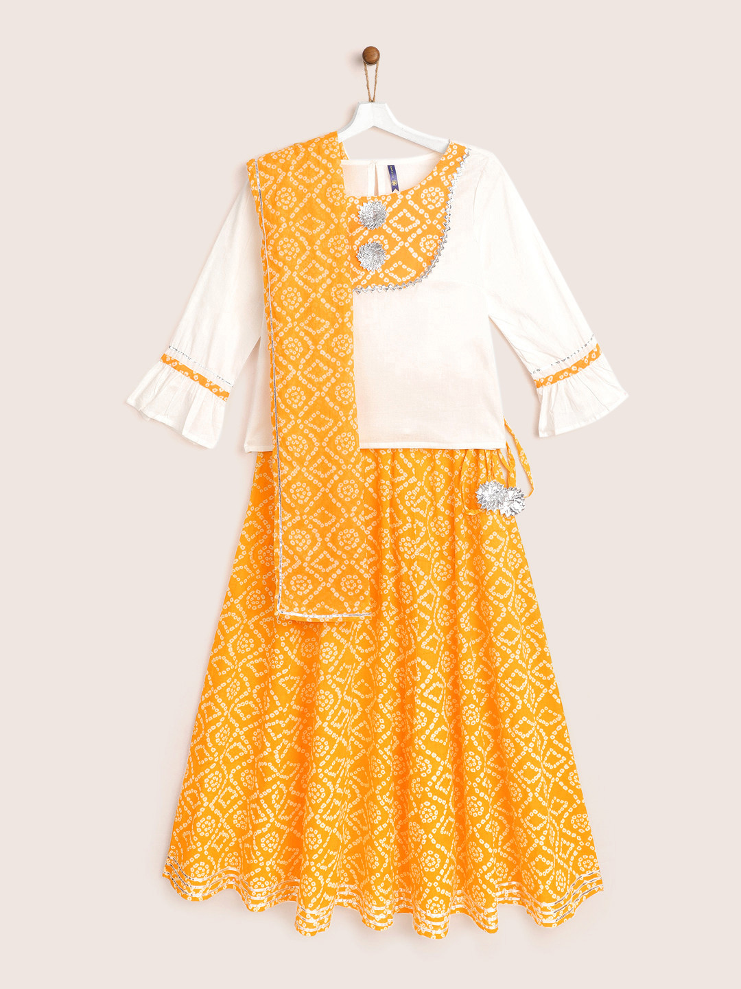 

YK Girls White & Yellow Bandhani Print Ready to Wear Cotton Lehenga & Blouse with Dupatta