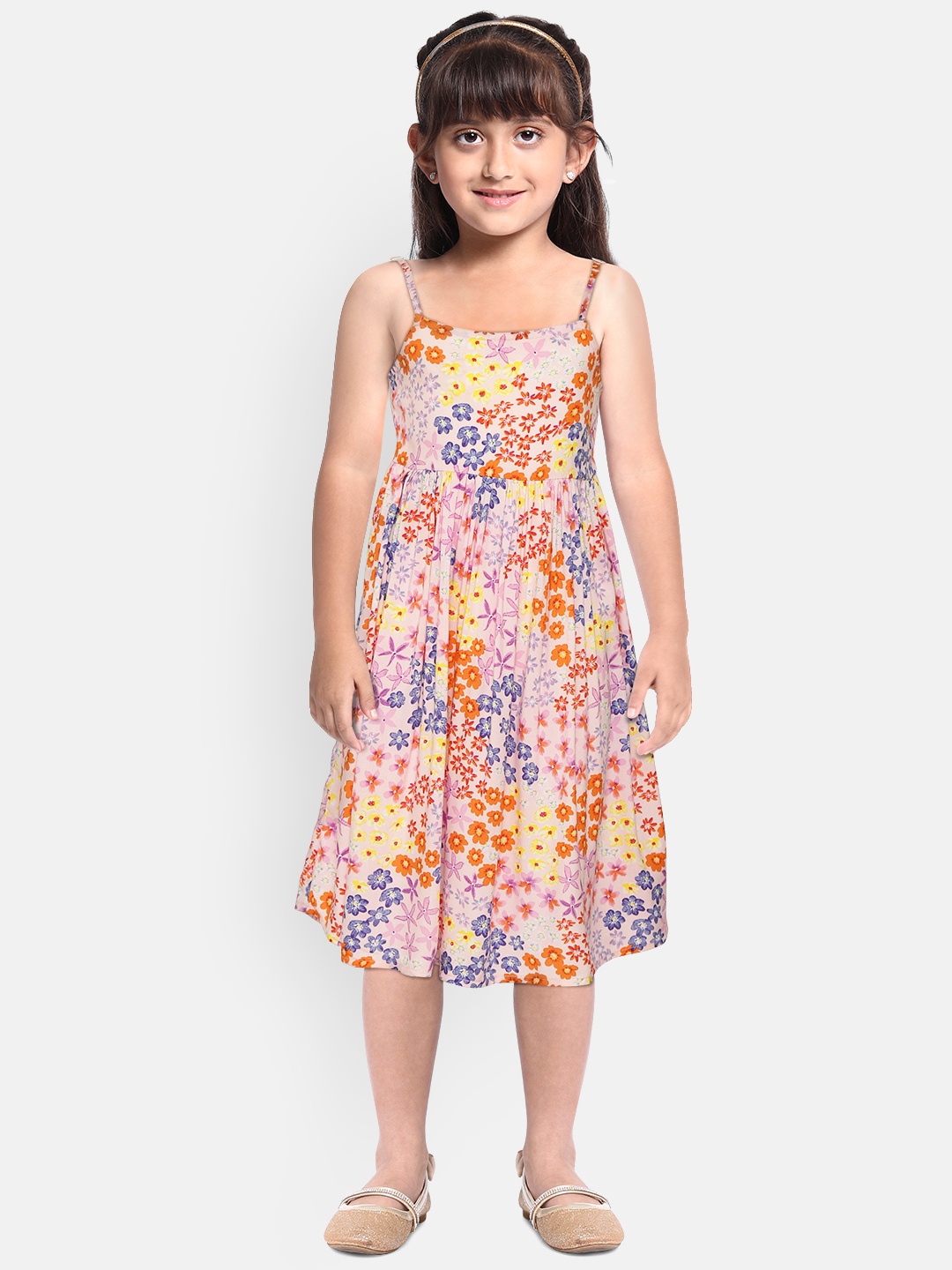 

YK Girls Pink & Orange Ditsy Floral Fit & Flare Dress