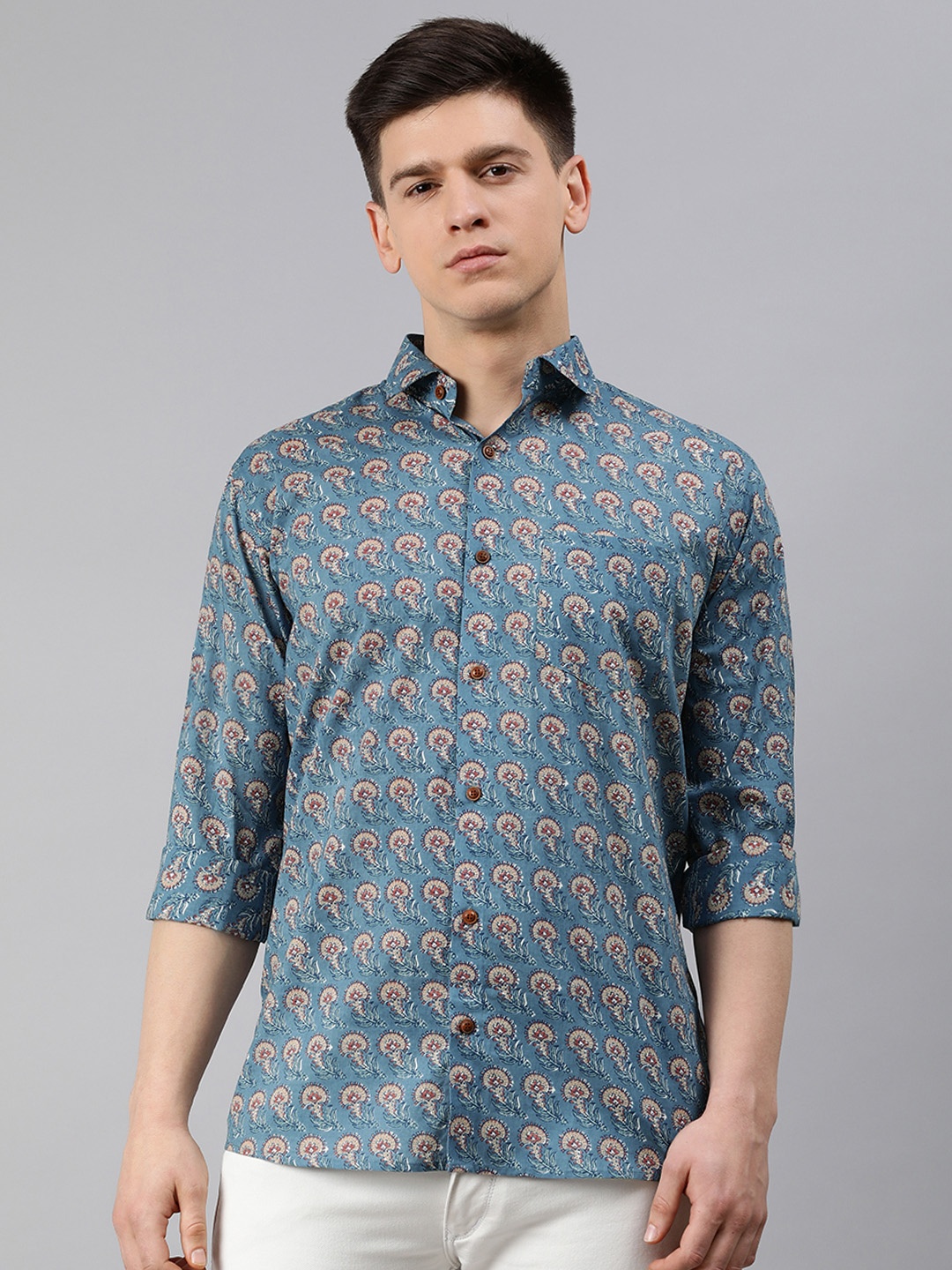 

MILLENNIAL MEN Men Blue & Beige Regular Fit Printed Casual Shirt