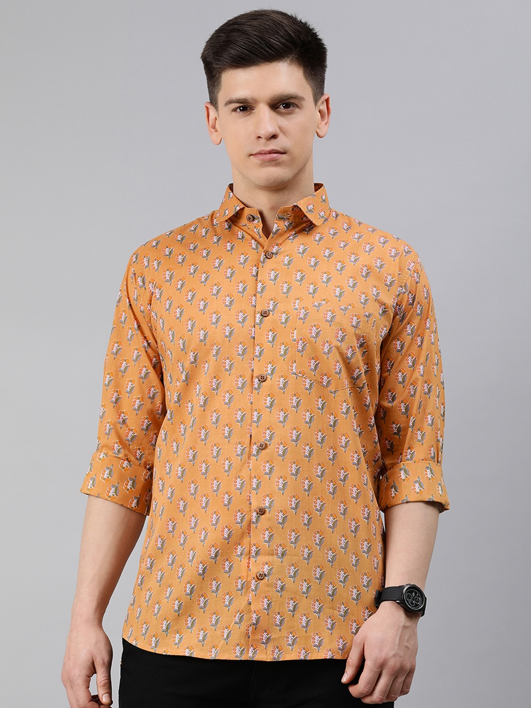 

MILLENNIAL MEN Men Orange & Blue Regular Fit Floral Printed Casual Shirt