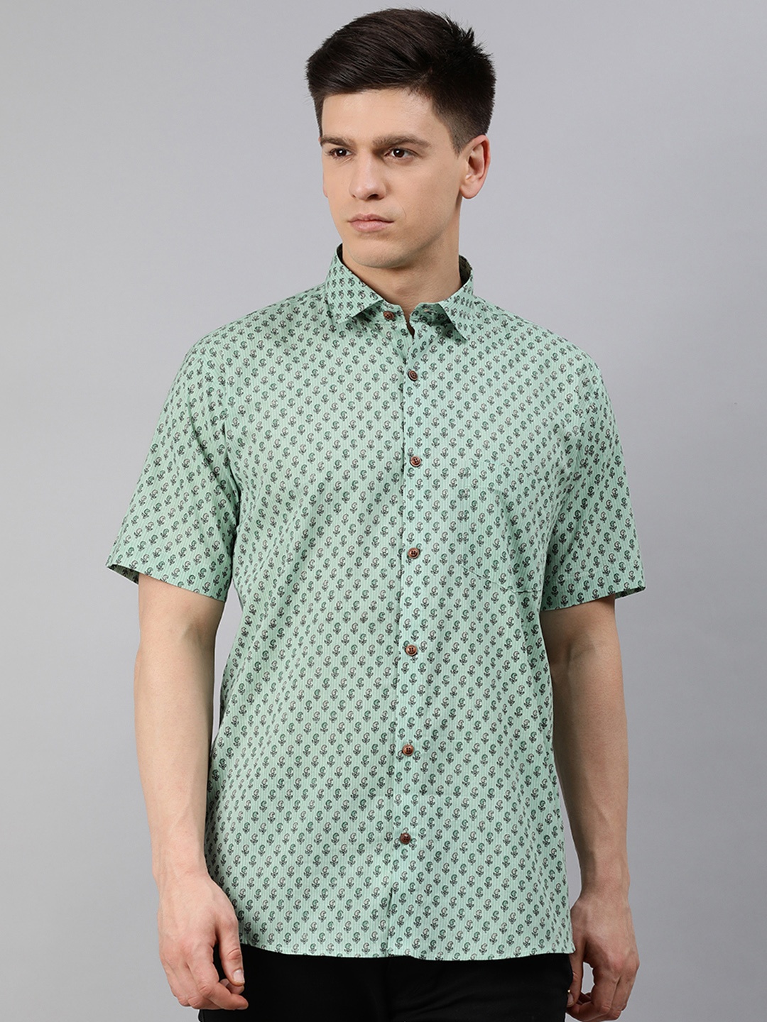 

MILLENNIAL MEN Sea Green Comfort Regular Fit Ethnic Motifs Print Pure Cotton Casual Shirt