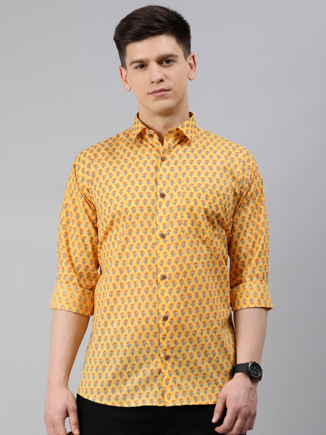 

MILLENNIAL MEN Men Mustard Yellow & Blue Regular Fit Floral Printed Casual Shirt