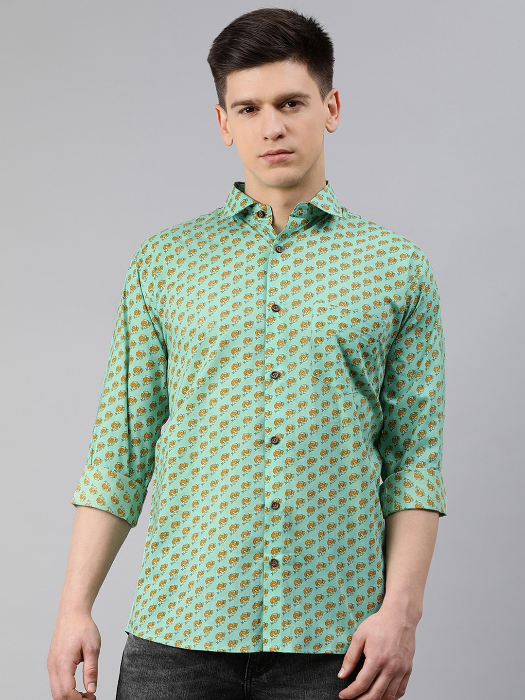 

MILLENNIAL MEN Men Sea Green & Mustard Yellow Regular Fit Printed Casual Shirt