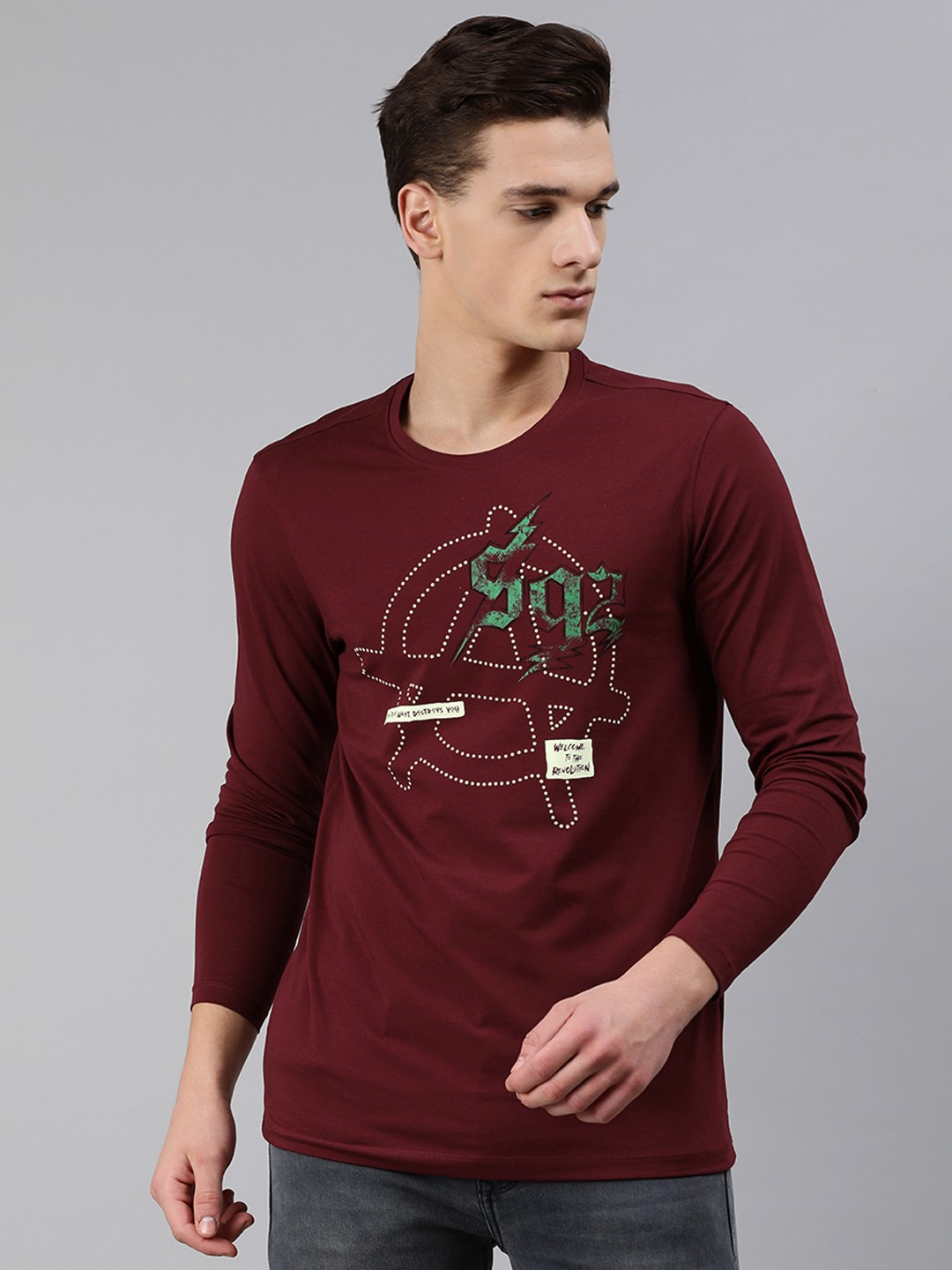 

SPYKAR Men Red Printed Round Neck T-shirt