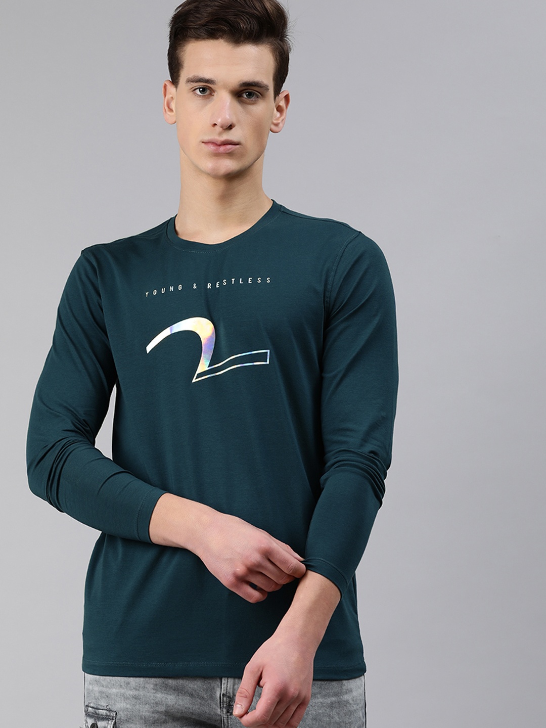 

SPYKAR Men Teal Blue Printed Round Neck T-shirt