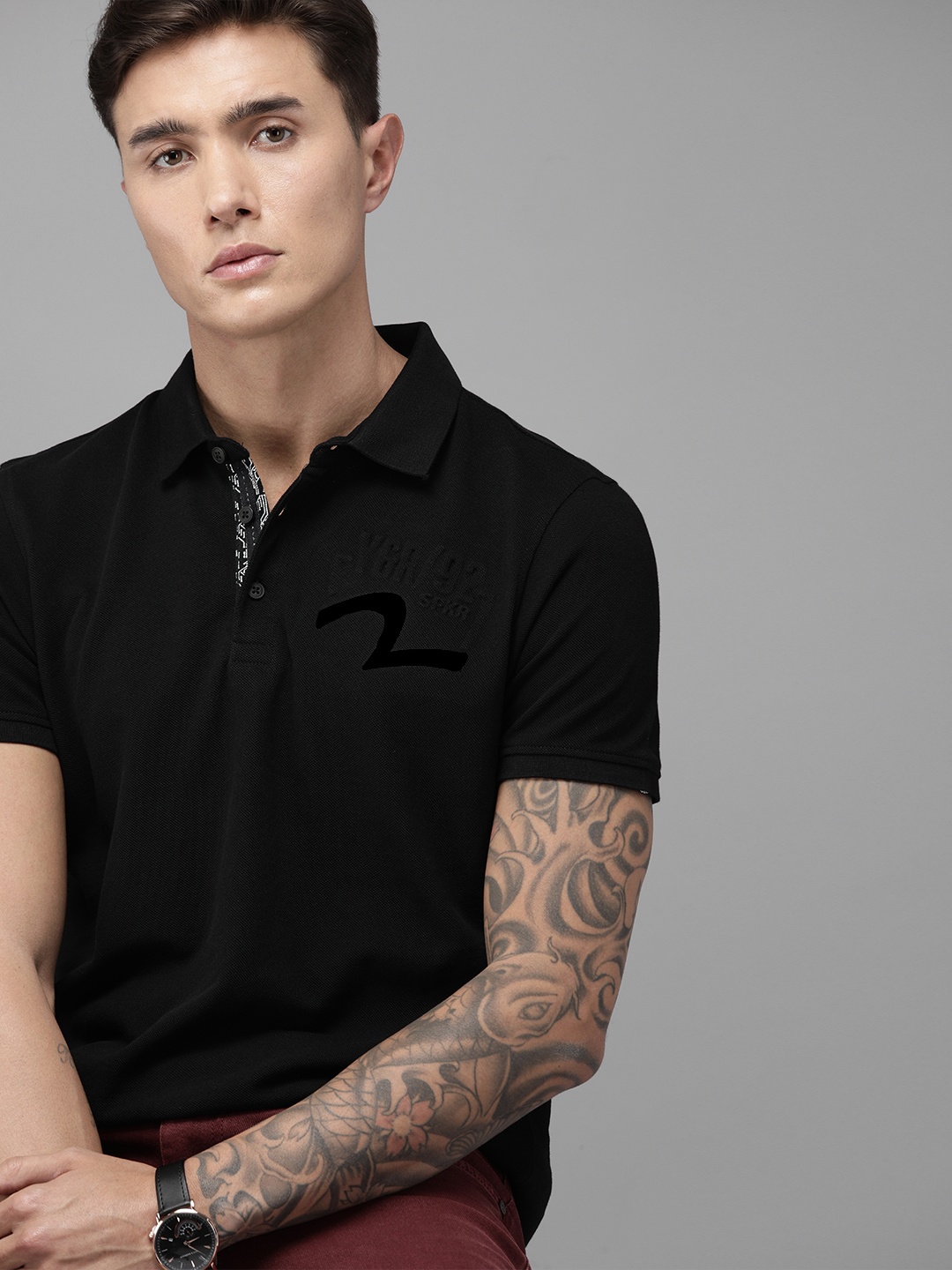 

SPYKAR Men Black Solid Polo Collar Pure Cotton T-shirt