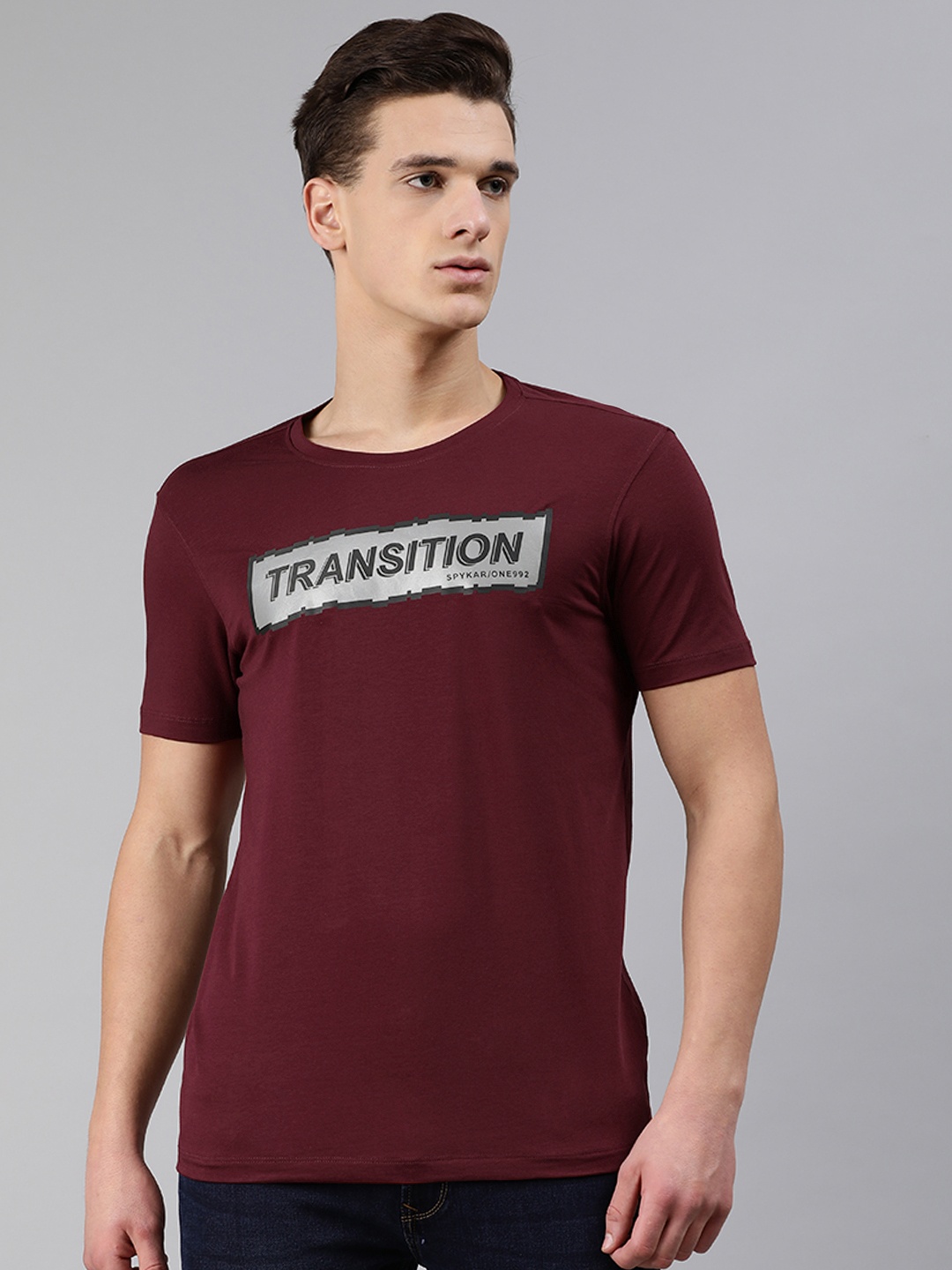 

SPYKAR Men Burgundy Printed Round Neck T-shirt