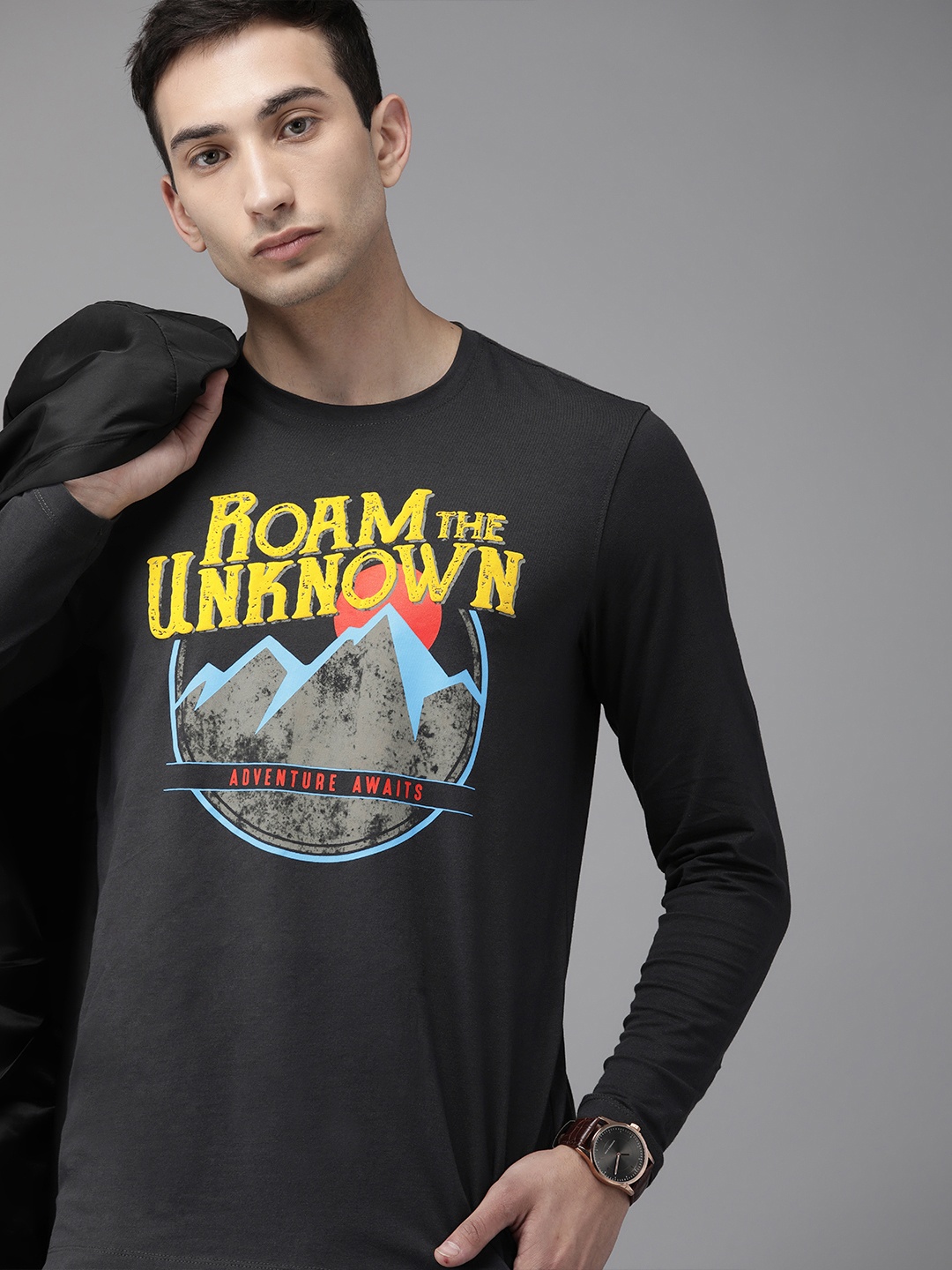 

SPYKAR Men Charcoal Grey Printed Round Neck T-shirt