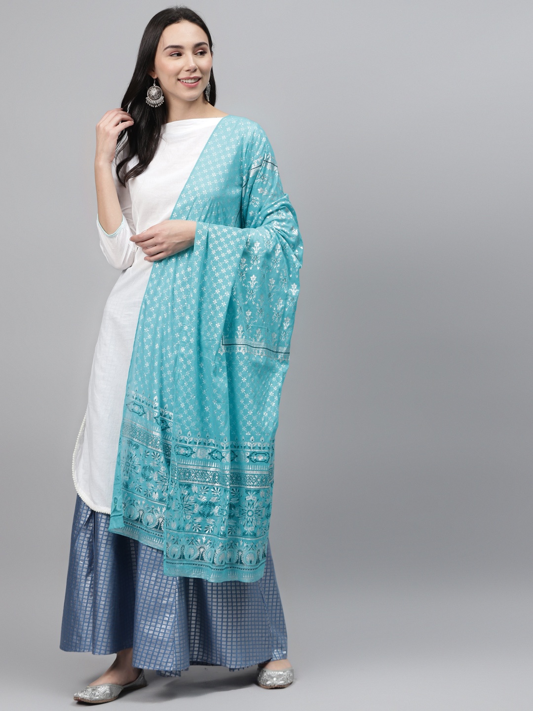 

AURELIA Blue & Silver Printed Pure Cotton Dupatta