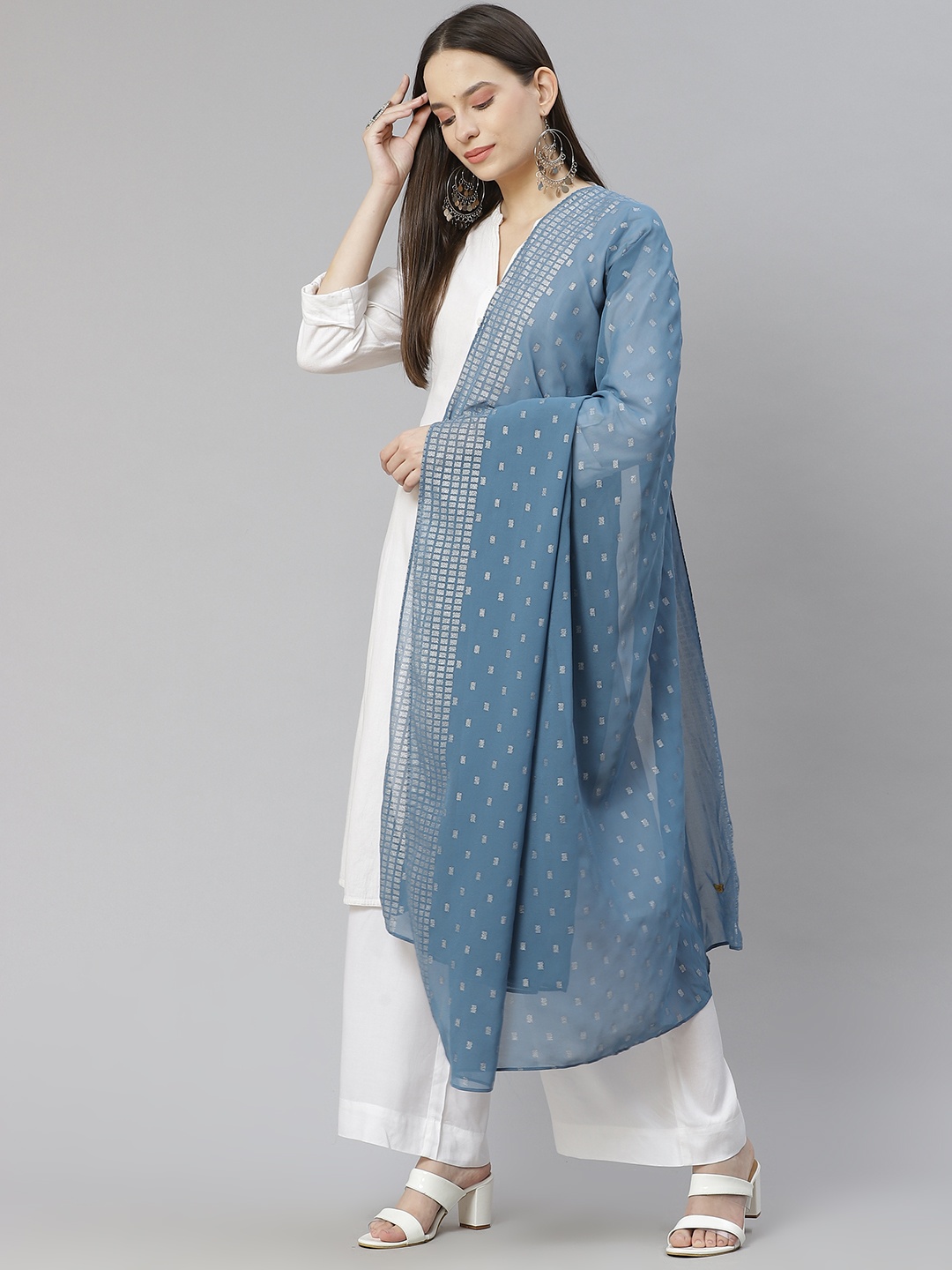 

AURELIA Blue & Silver Geometric Print Dupatta