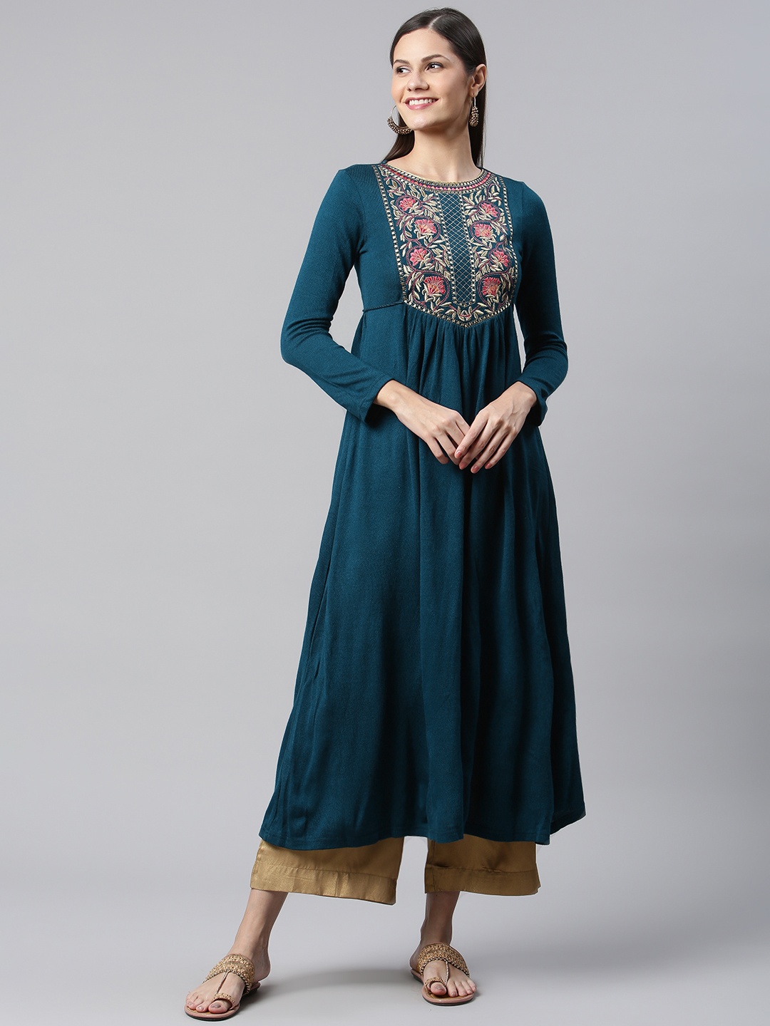 

AURELIA Women Teal Green Ethnic Yoke Design Woollen Kurta